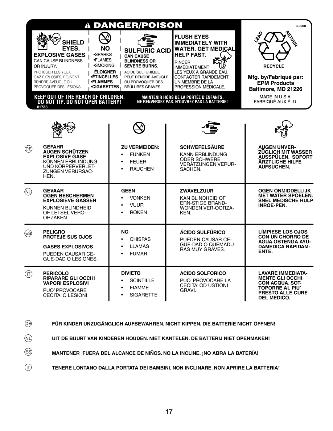 Husqvarna YTH150XP instruction manual Gefahr ZU Vermeiden Schwefelsäure Augen Unver Augen Schützen 