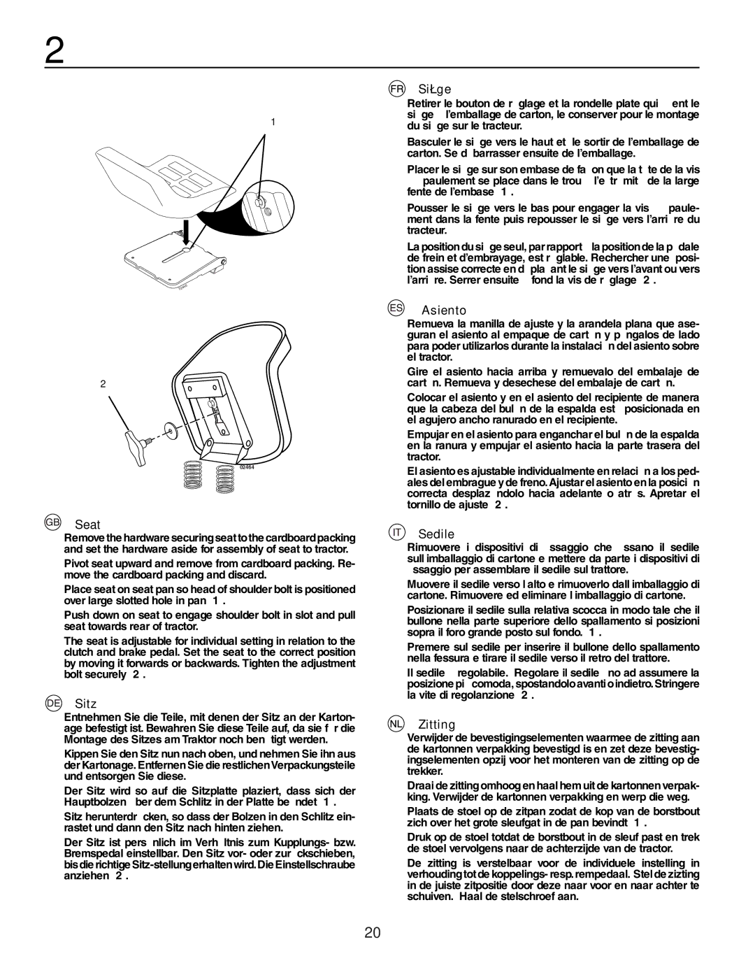 Husqvarna YTH150XP instruction manual Seat, Sitz, Siège, Asiento, Sedile, Zitting 