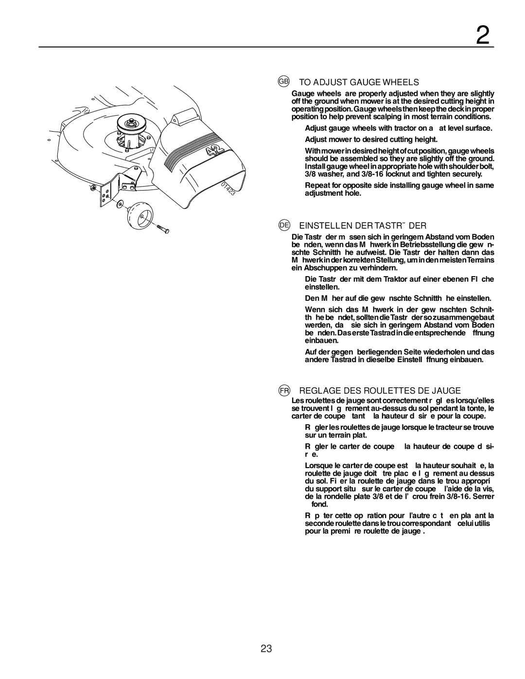 Husqvarna YTH150XP instruction manual To Adjust Gauge Wheels, Einstellen DER Tasträder, Reglage DES Roulettes DE Jauge 