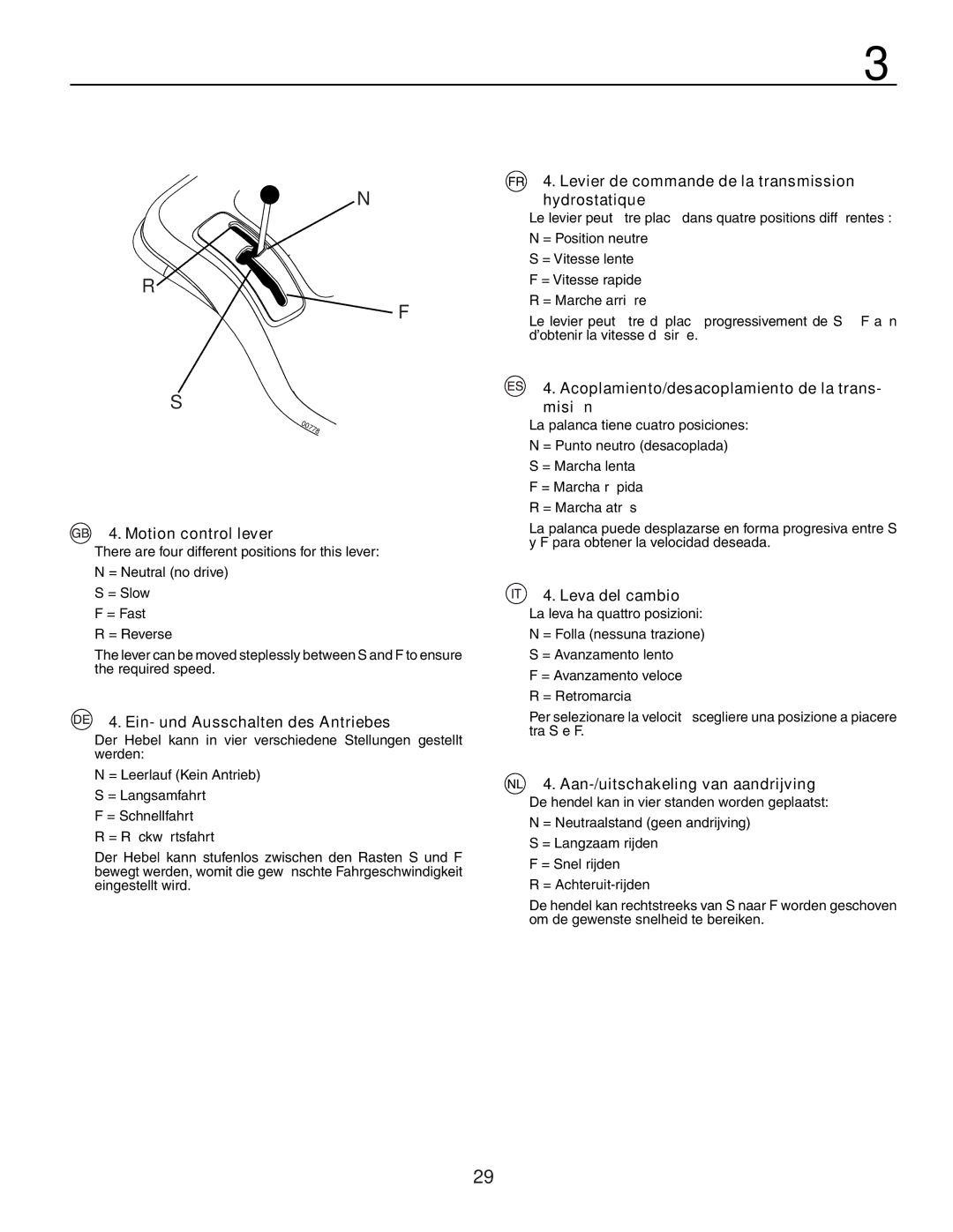 Husqvarna YTH150XP instruction manual Motion control lever, Ein- und Ausschalten des Antriebes, Leva del cambio 