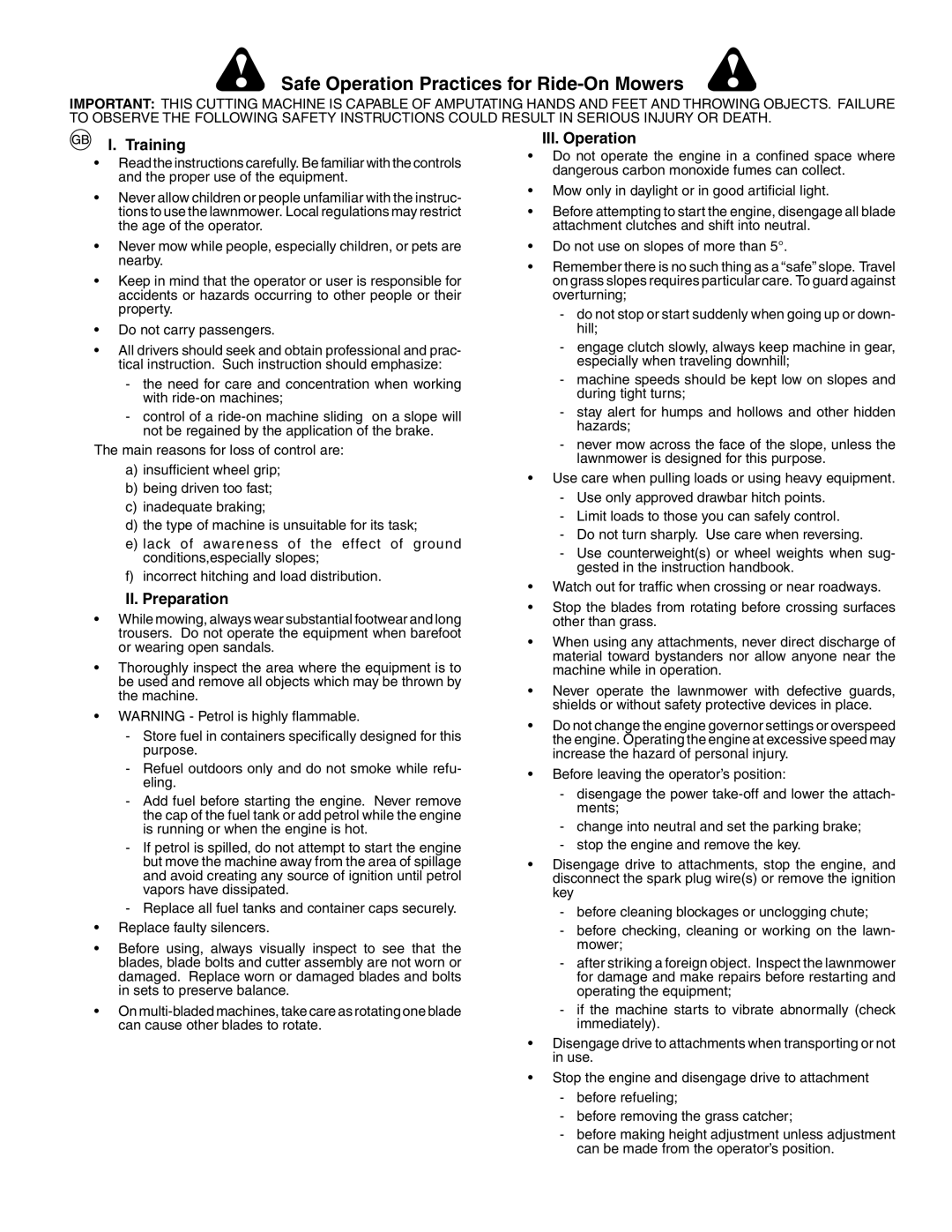 Husqvarna YTH150XP instruction manual Safety Rules, Training, II. Preparation, III. Operation 