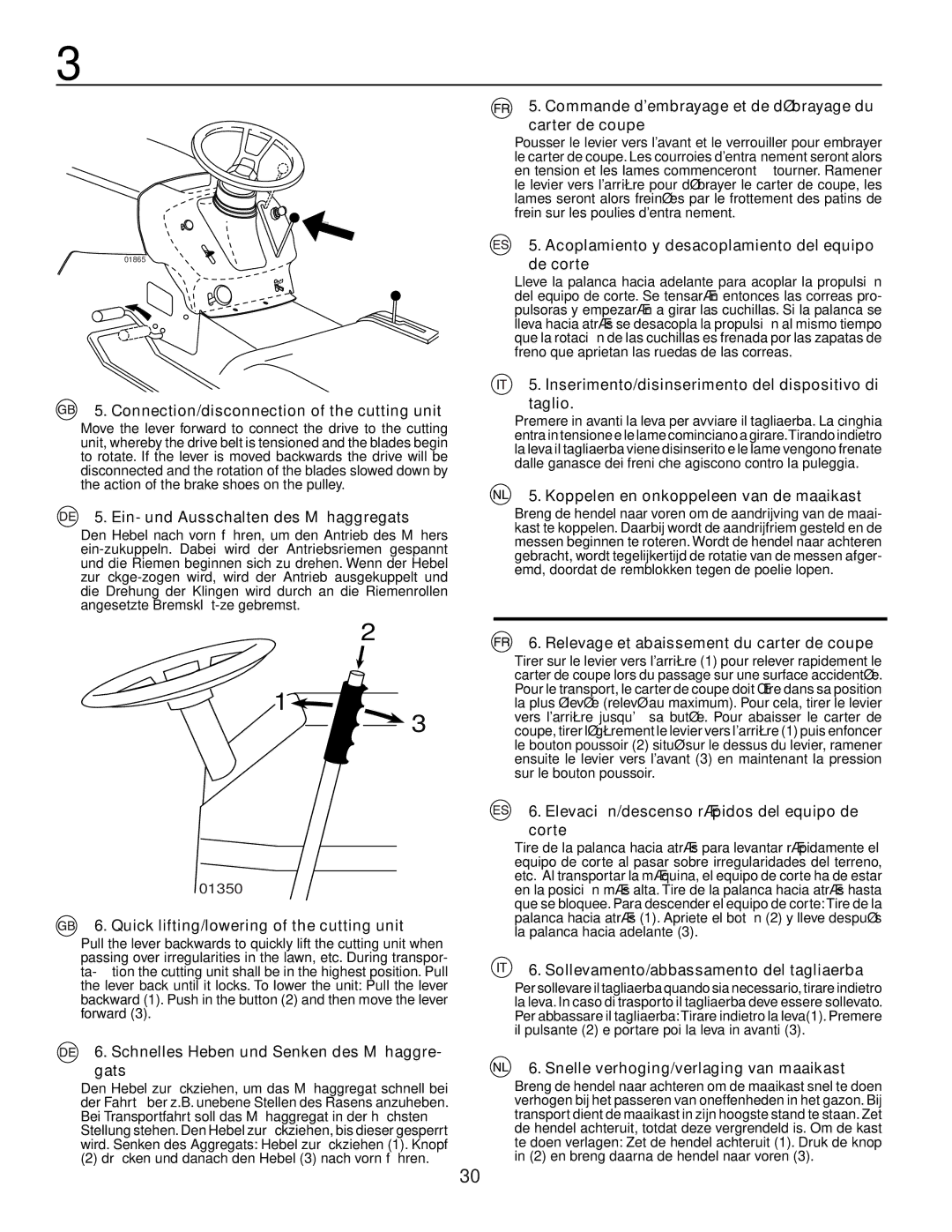 Husqvarna YTH150XP instruction manual Connection/disconnection of the cutting unit, Ein- und Ausschalten des Mähaggregats 