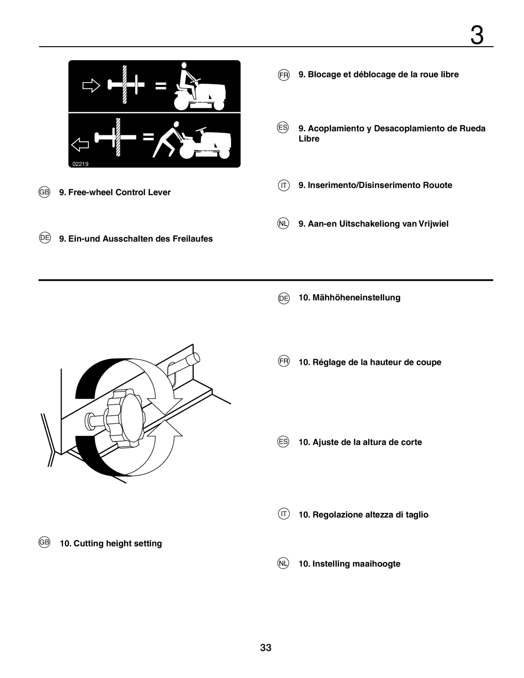 Husqvarna YTH150XP instruction manual Blocage et déblocage de la roue libre, Acoplamiento y Desacoplamiento de Rueda Libre 