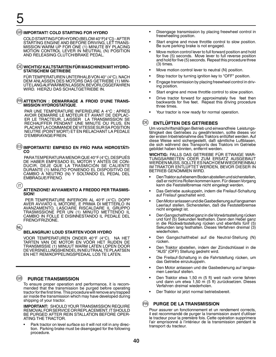 Husqvarna YTH150XP instruction manual Purge Transmission, Entlüften DES Getriebes, Purge DE LA Transmission 