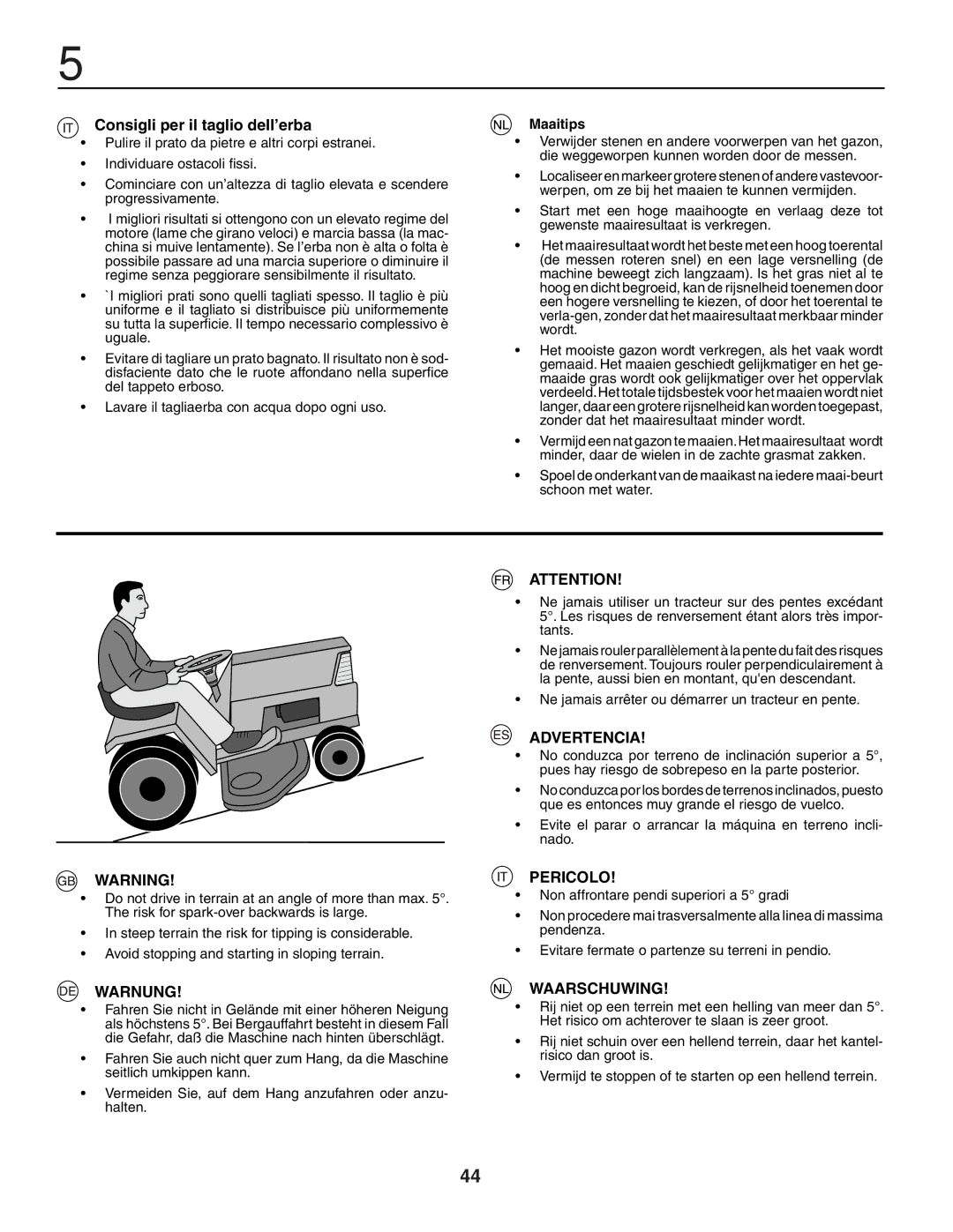 Husqvarna YTH150XP instruction manual Consigli per il taglio dell’erba, Warnung, Advertencia, Pericolo, Waarschuwing 