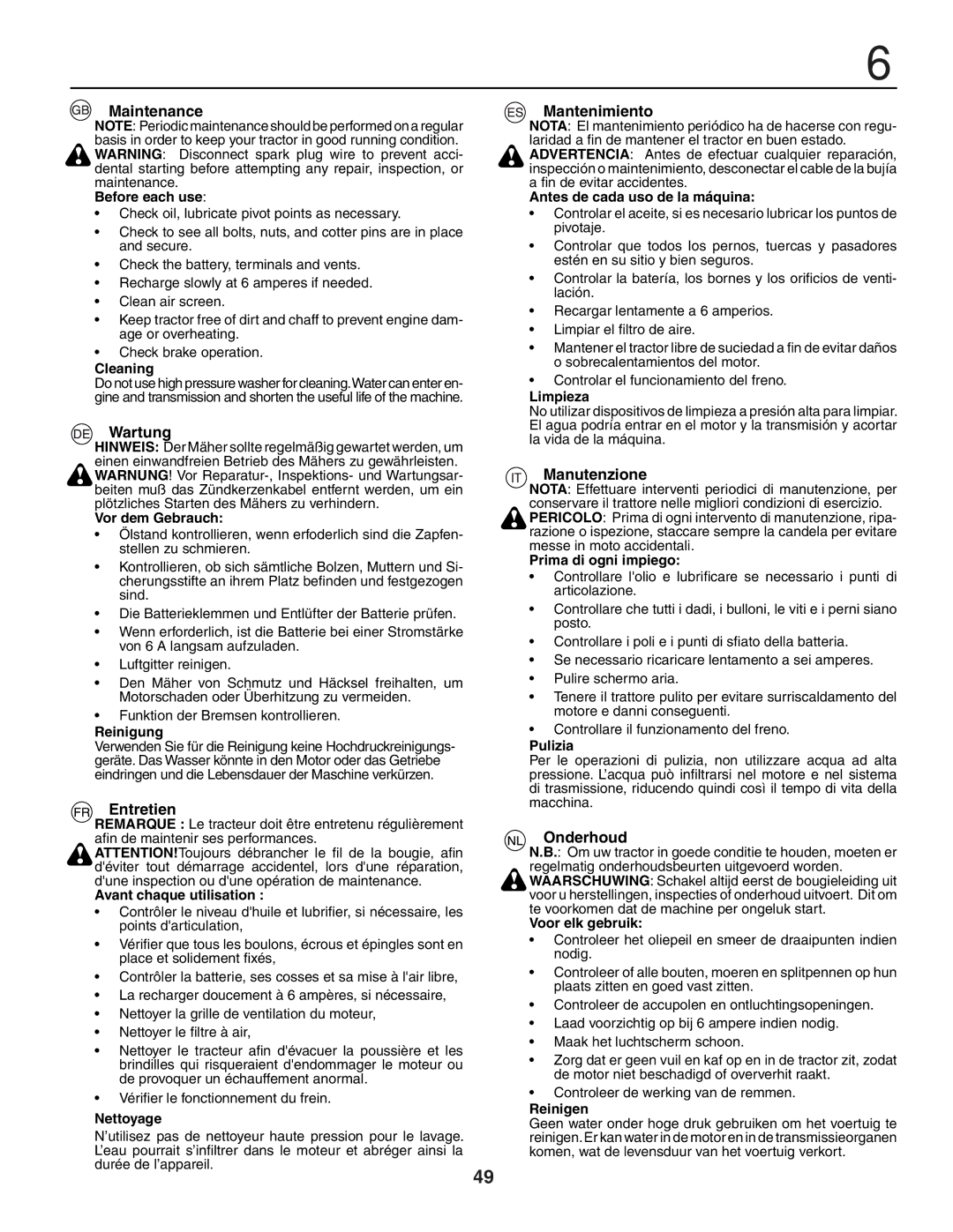 Husqvarna YTH150XP instruction manual Maintenance, Wartung, Entretien, Mantenimiento, Manutenzione, Onderhoud 