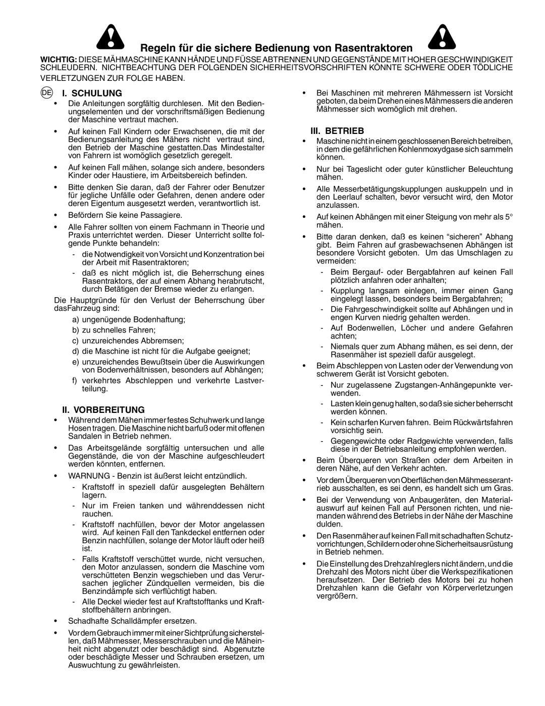 Husqvarna YTH150XP instruction manual Sicherheitsvorschriften, Schulung, II. Vorbereitung, III. Betrieb 