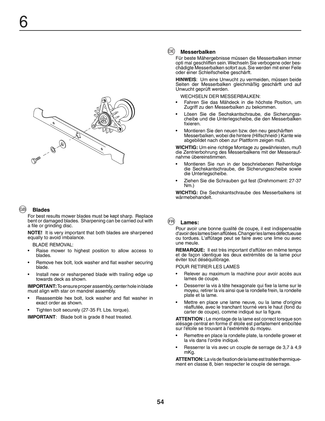 Husqvarna YTH150XP instruction manual Blades, Messerbalken, Lames 