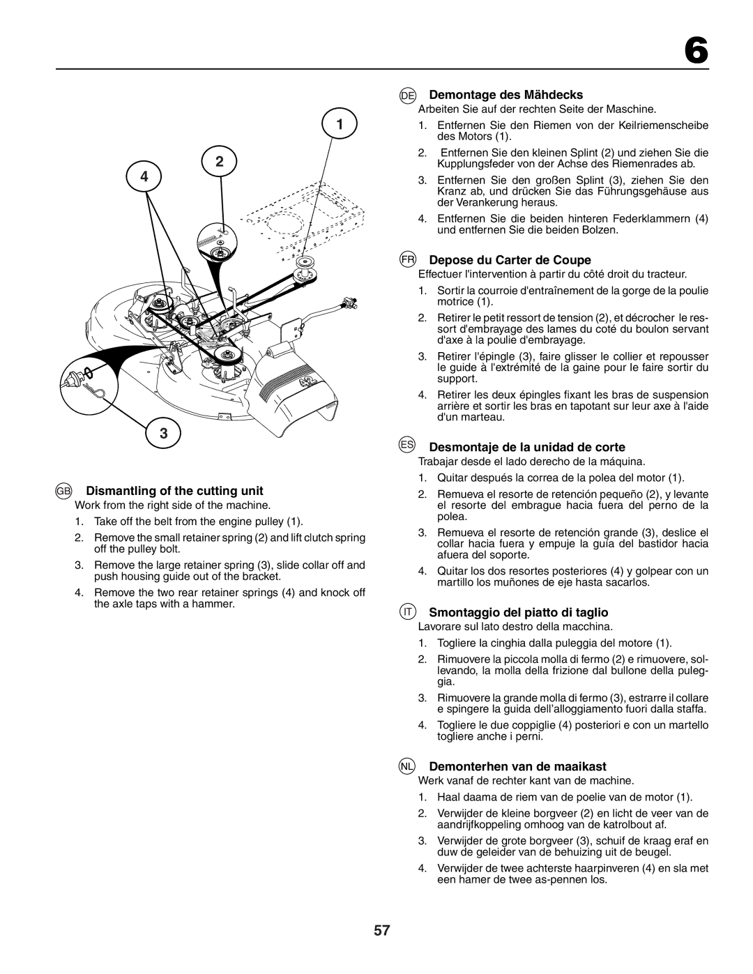 Husqvarna YTH150XP instruction manual Dismantling of the cutting unit, Demontage des Mähdecks, Depose du Carter de Coupe 