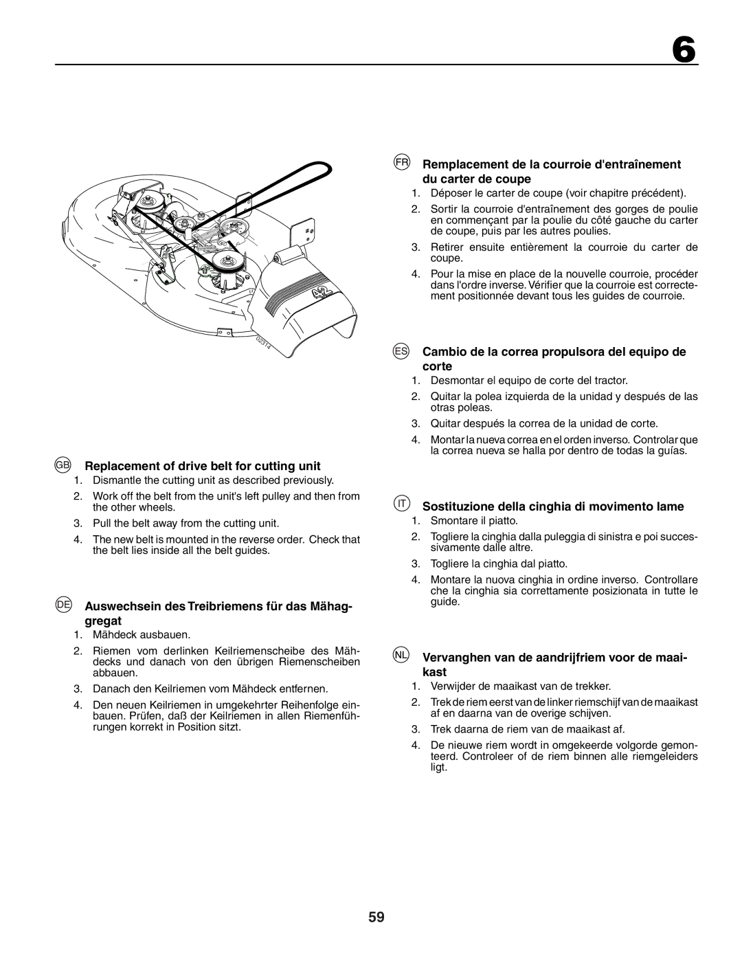 Husqvarna YTH150XP Replacement of drive belt for cutting unit, Auswechsein des Treibriemens für das Mähag- gregat 