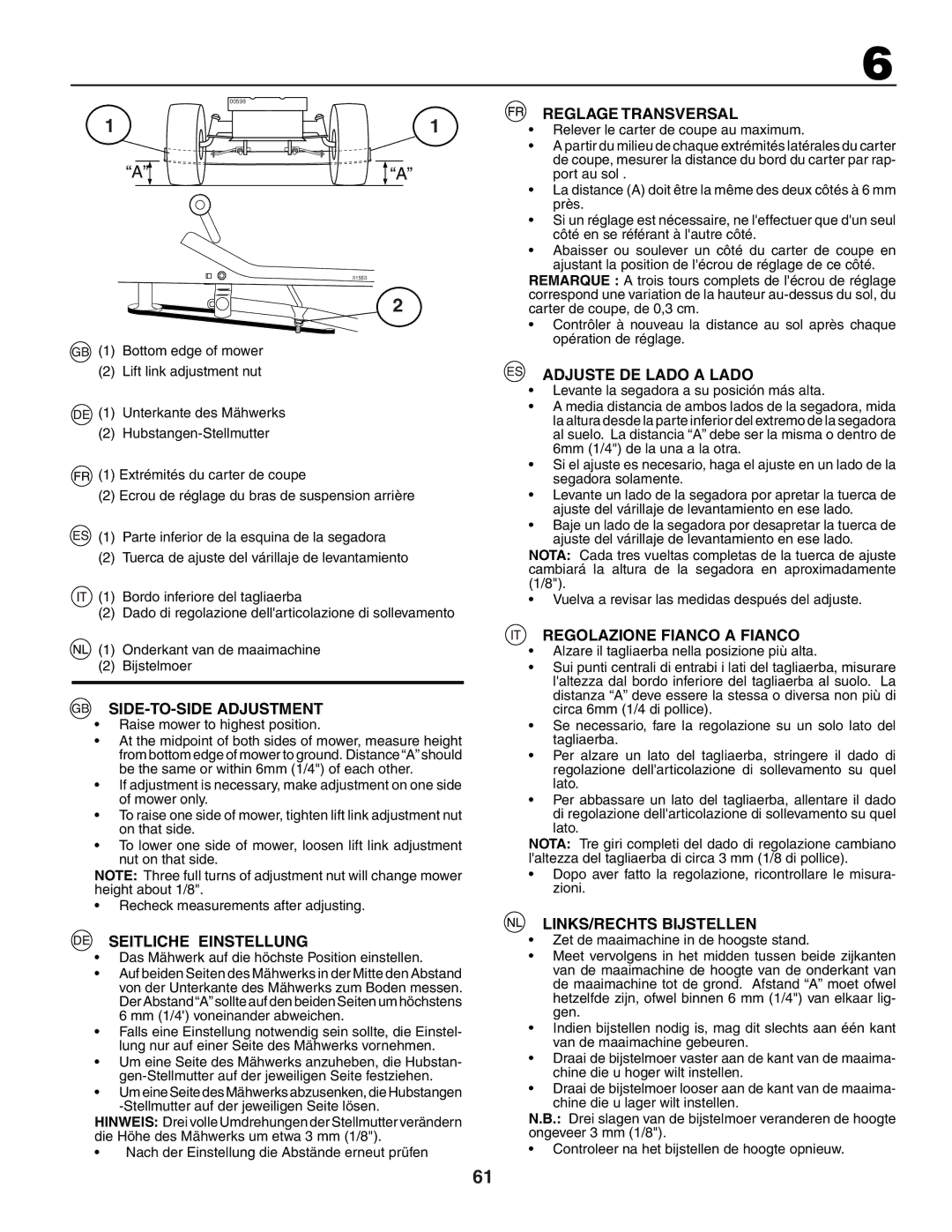 Husqvarna YTH150XP SIDE-TO-SIDE Adjustment, Seitliche Einstellung, Reglage Transversal, Adjuste DE Lado a Lado 