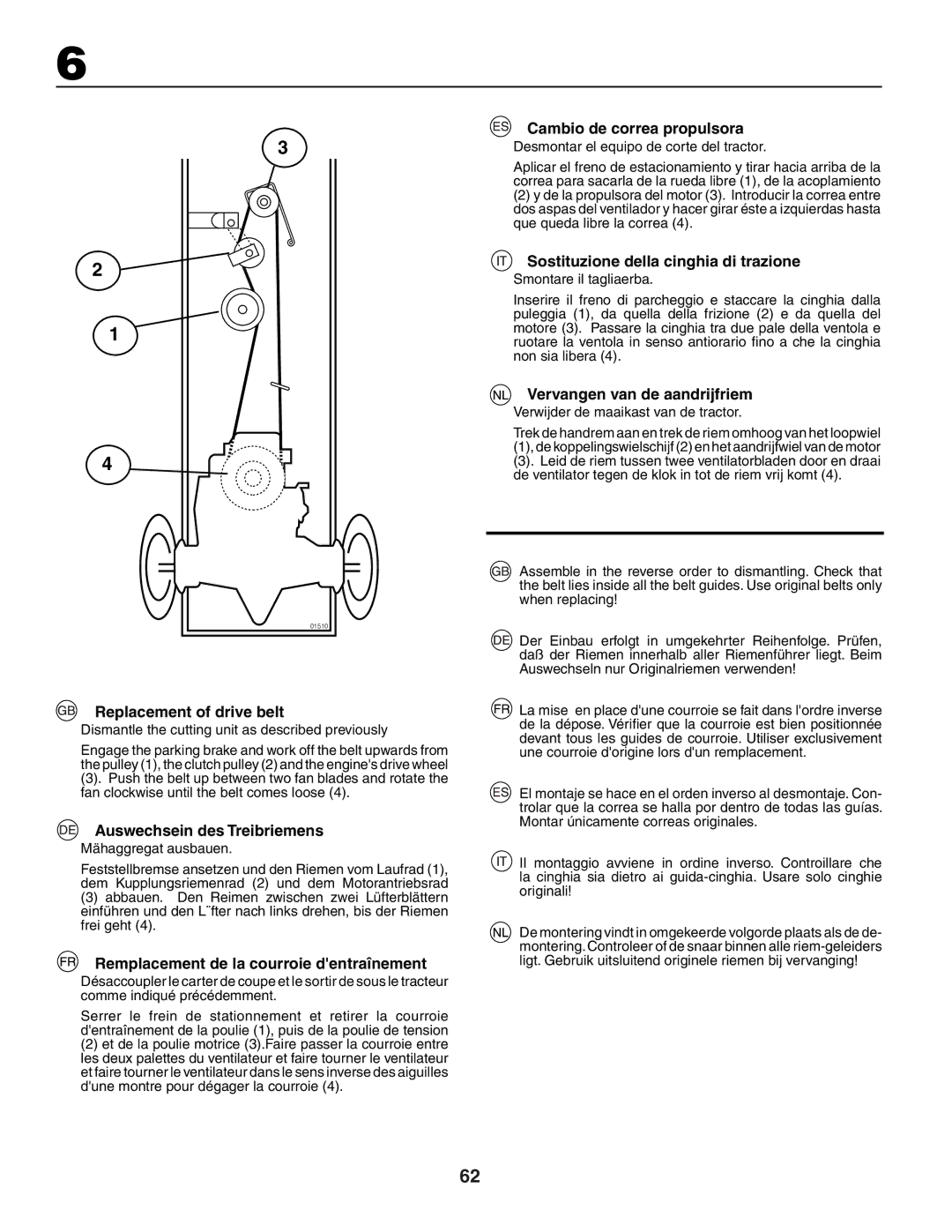 Husqvarna YTH150XP Replacement of drive belt, Auswechsein des Treibriemens, Remplacement de la courroie dentraînement 