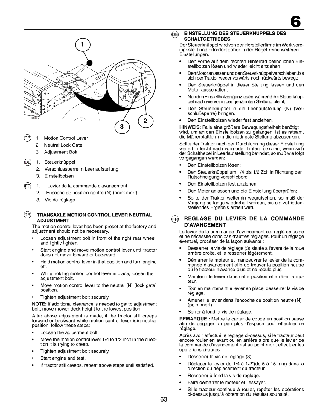 Husqvarna YTH150XP Reglage DU Levier DE LA Commande D’AVANCEMENT, Transaxle Motion Control Lever Neutral Adjustment 