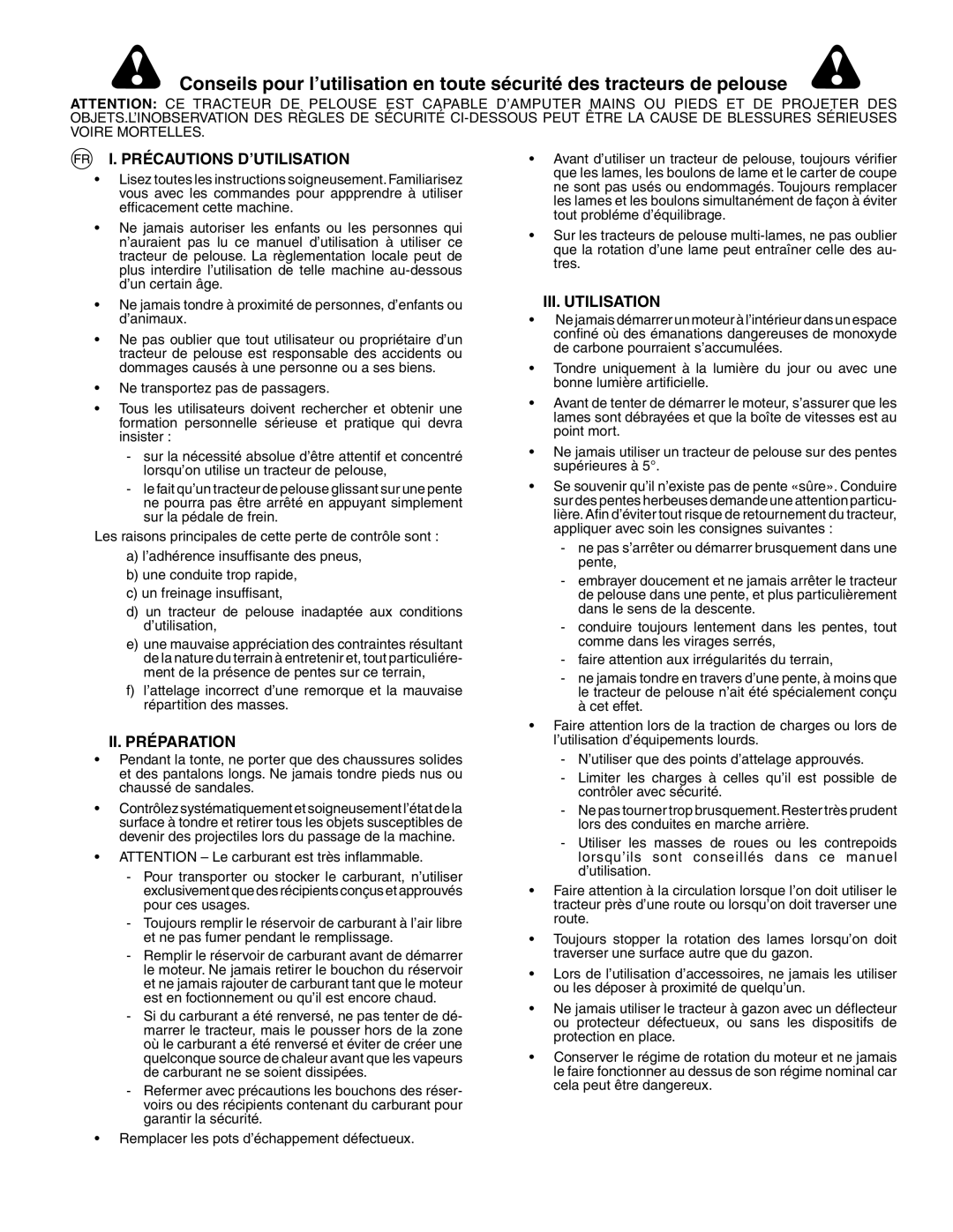 Husqvarna YTH150XP instruction manual Règles de Sécurité, Précautions D’UTILISATION, II. Préparation, III. Utilisation 