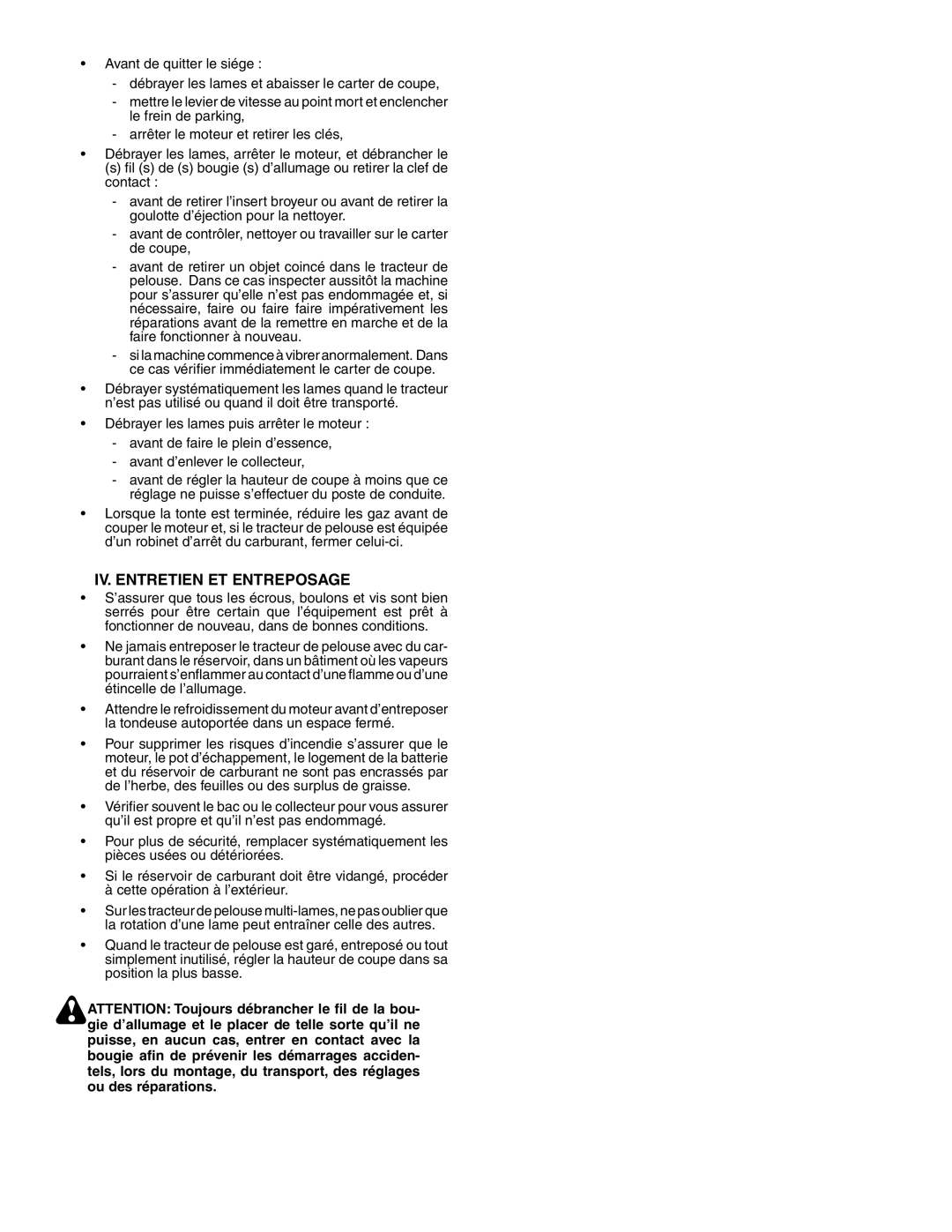 Husqvarna YTH150XP instruction manual IV. Entretien ET Entreposage 