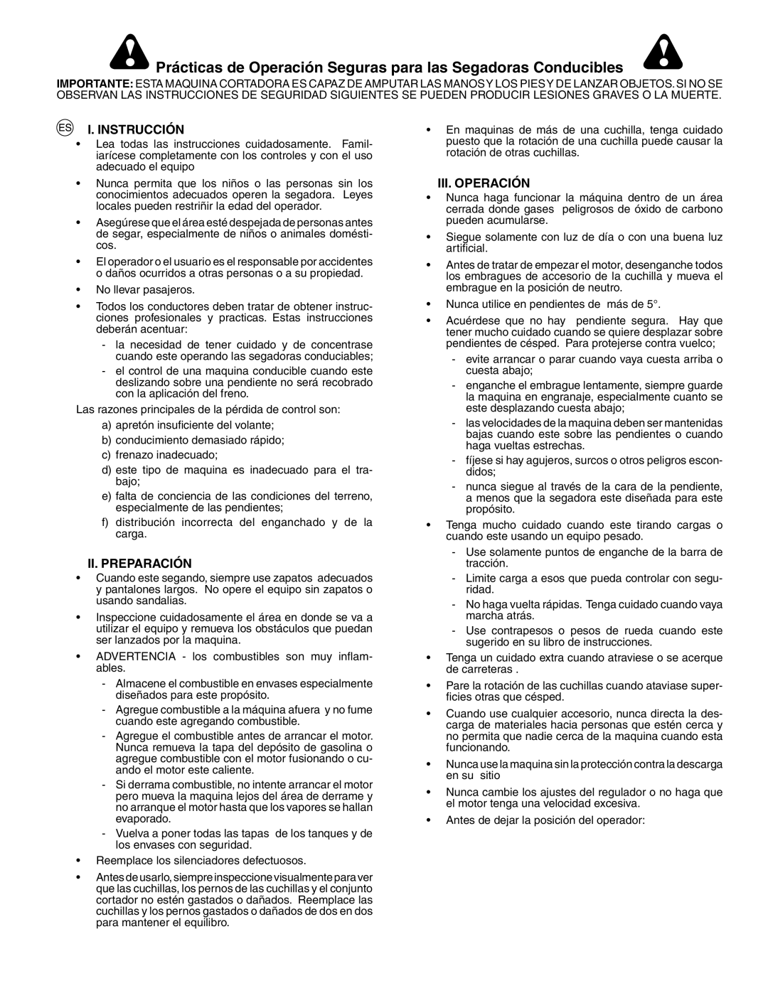 Husqvarna YTH150XP instruction manual Reglas De Seguridad, Instrucción, II. Preparación, III. Operación 