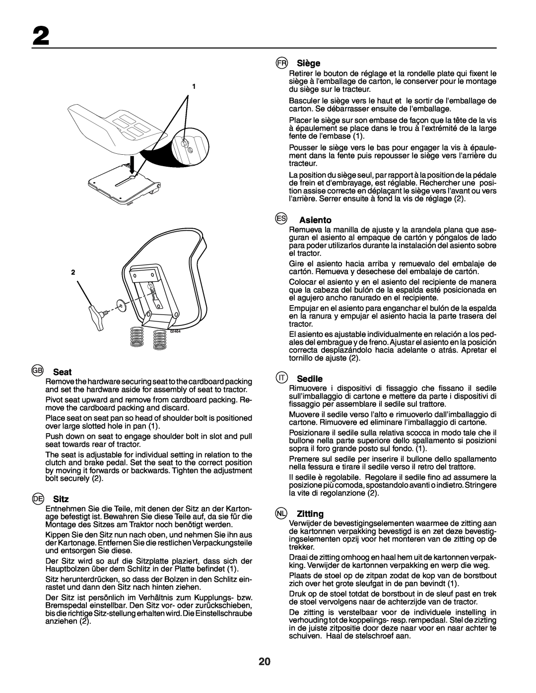 Husqvarna YTH150XP instruction manual Seat, Sitz, Siège, Asiento, Sedile, Zitting 