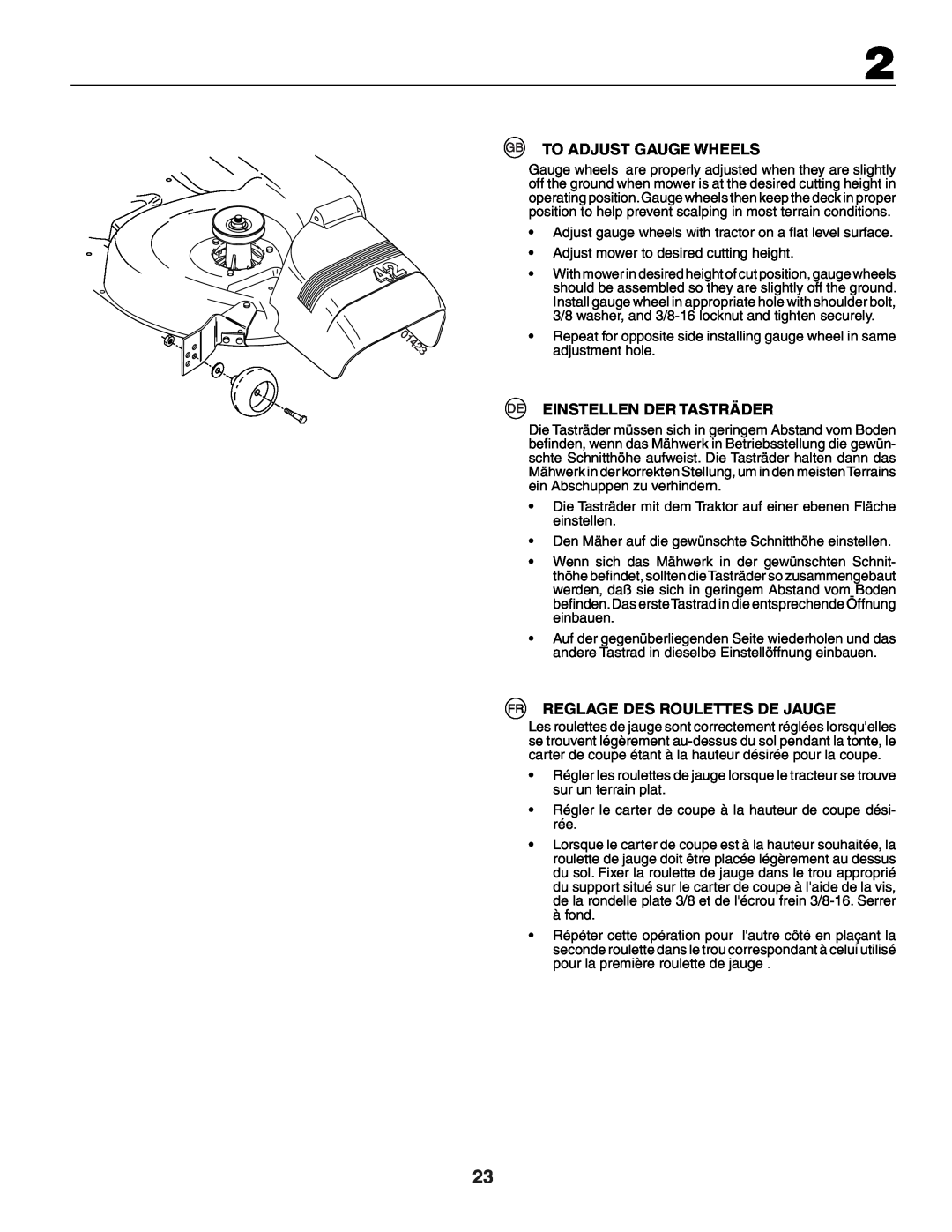 Husqvarna YTH150XP instruction manual To Adjust Gauge Wheels, Einstellen Der Tasträder, Reglage Des Roulettes De Jauge 
