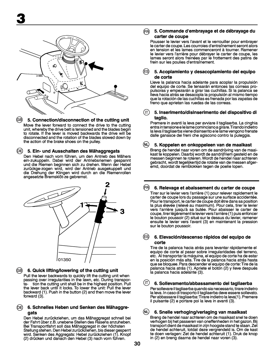 Husqvarna YTH150XP instruction manual Connection/disconnection of the cutting unit, Ein- und Ausschalten des Mähaggregats 