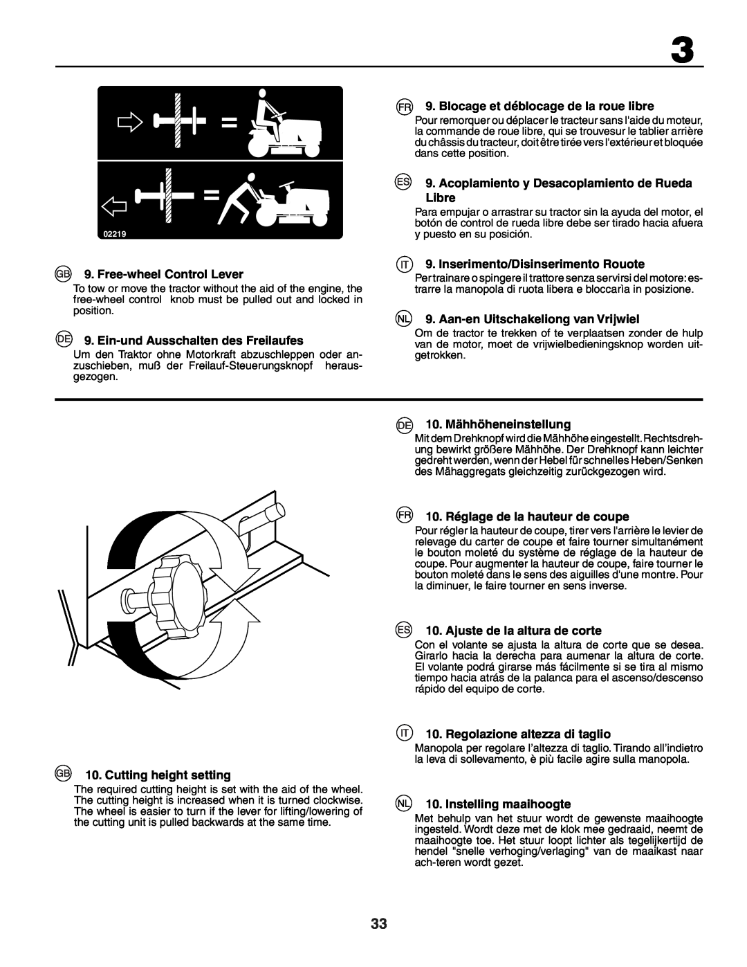 Husqvarna YTH150XP instruction manual Blocage et déblocage de la roue libre, Acoplamiento y Desacoplamiento de Rueda Libre 
