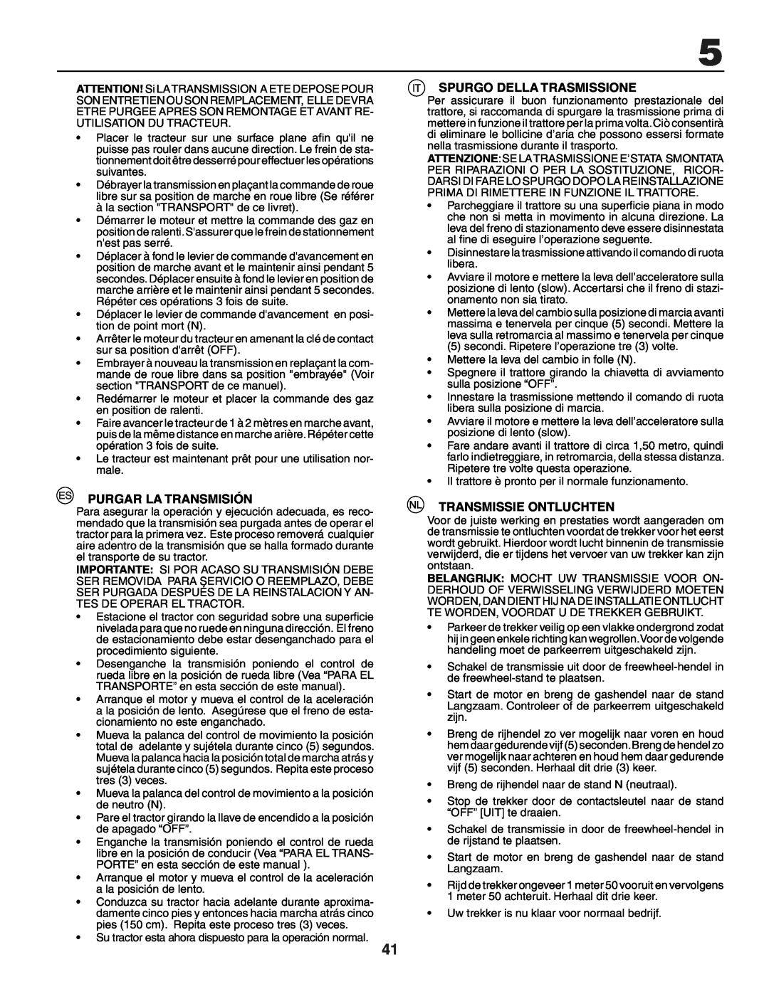 Husqvarna YTH150XP instruction manual Purgar La Transmisión, Spurgo Della Trasmissione, Transmissie Ontluchten 