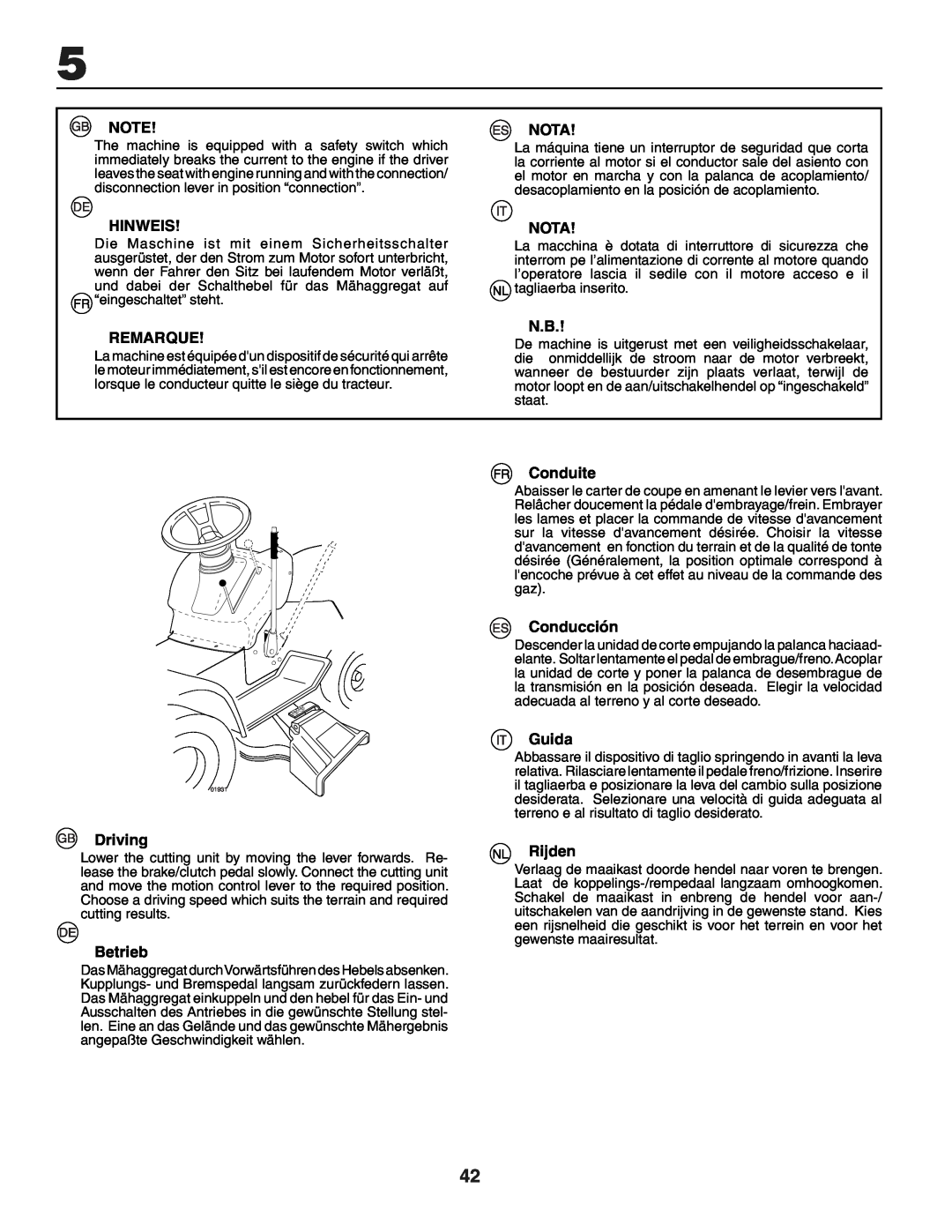 Husqvarna YTH150XP instruction manual Nota, Hinweis, Remarque, Conduite, Conducción, Guida, Driving, Betrieb, Rijden 