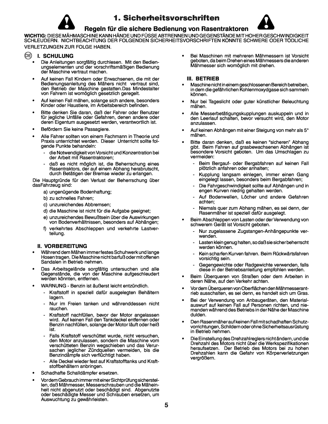 Husqvarna YTH150XP instruction manual Sicherheitsvorschriften, I. Schulung, Ii.Vorbereitung, Iii.Betrieb 