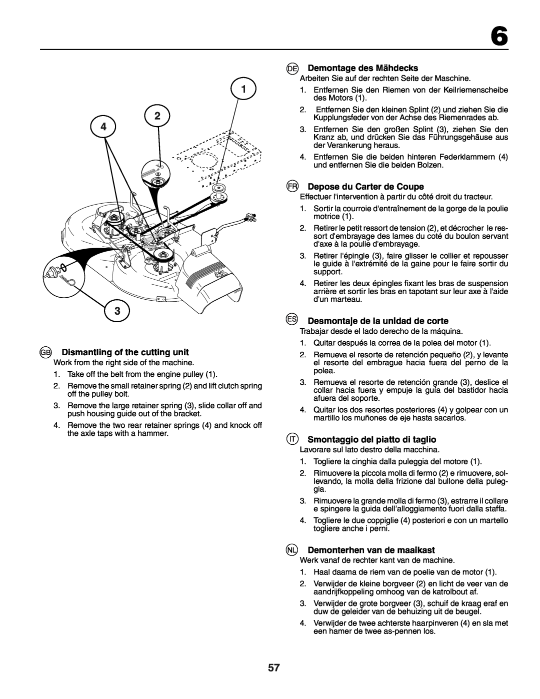 Husqvarna YTH150XP instruction manual Dismantling of the cutting unit, Demontage des Mähdecks, Depose du Carter de Coupe 
