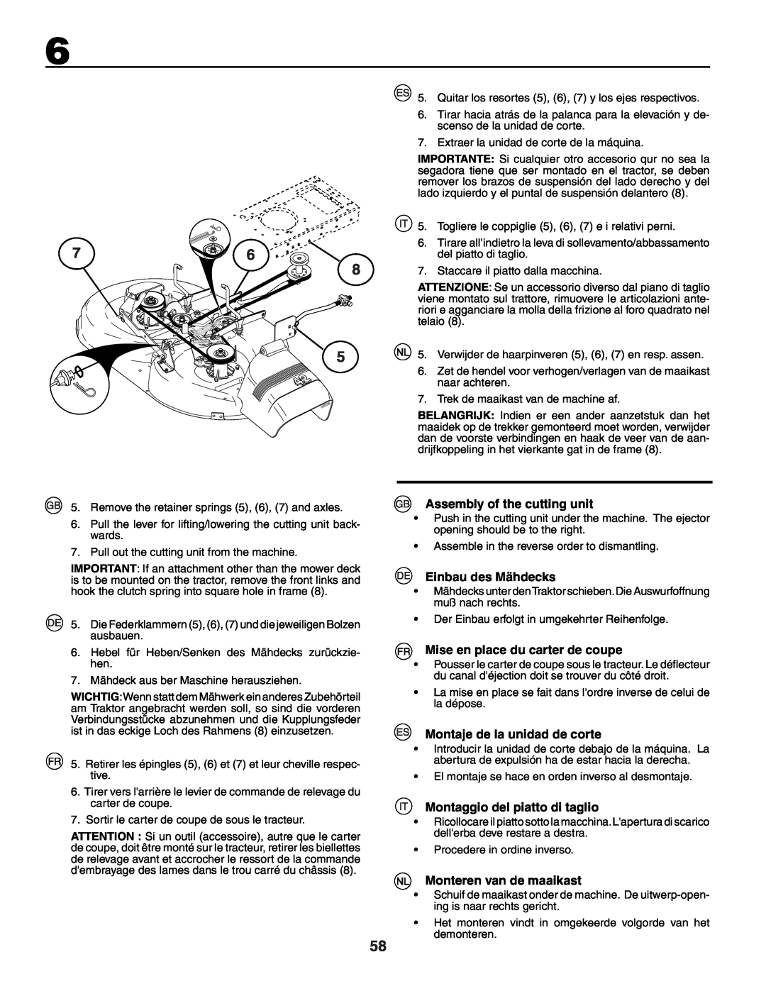 Husqvarna YTH150XP instruction manual Assembly of the cutting unit, Einbau des Mähdecks, Mise en place du carter de coupe 