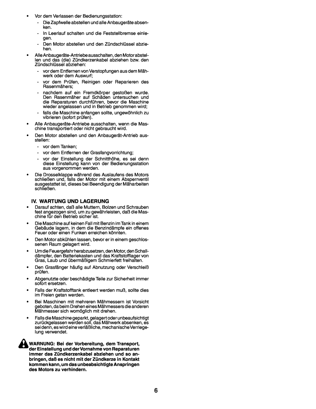 Husqvarna YTH150XP instruction manual Iv. Wartung Und Lagerung 