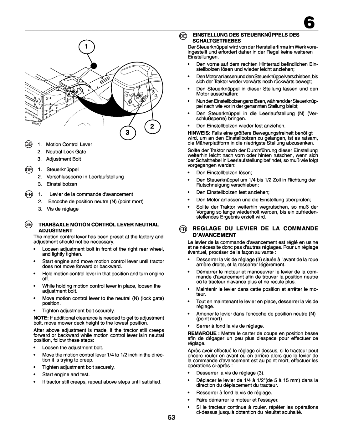Husqvarna YTH150XP 1 2 3, Reglage Du Levier De La Commande D’Avancement, Transaxle Motion Control Lever Neutral Adjustment 
