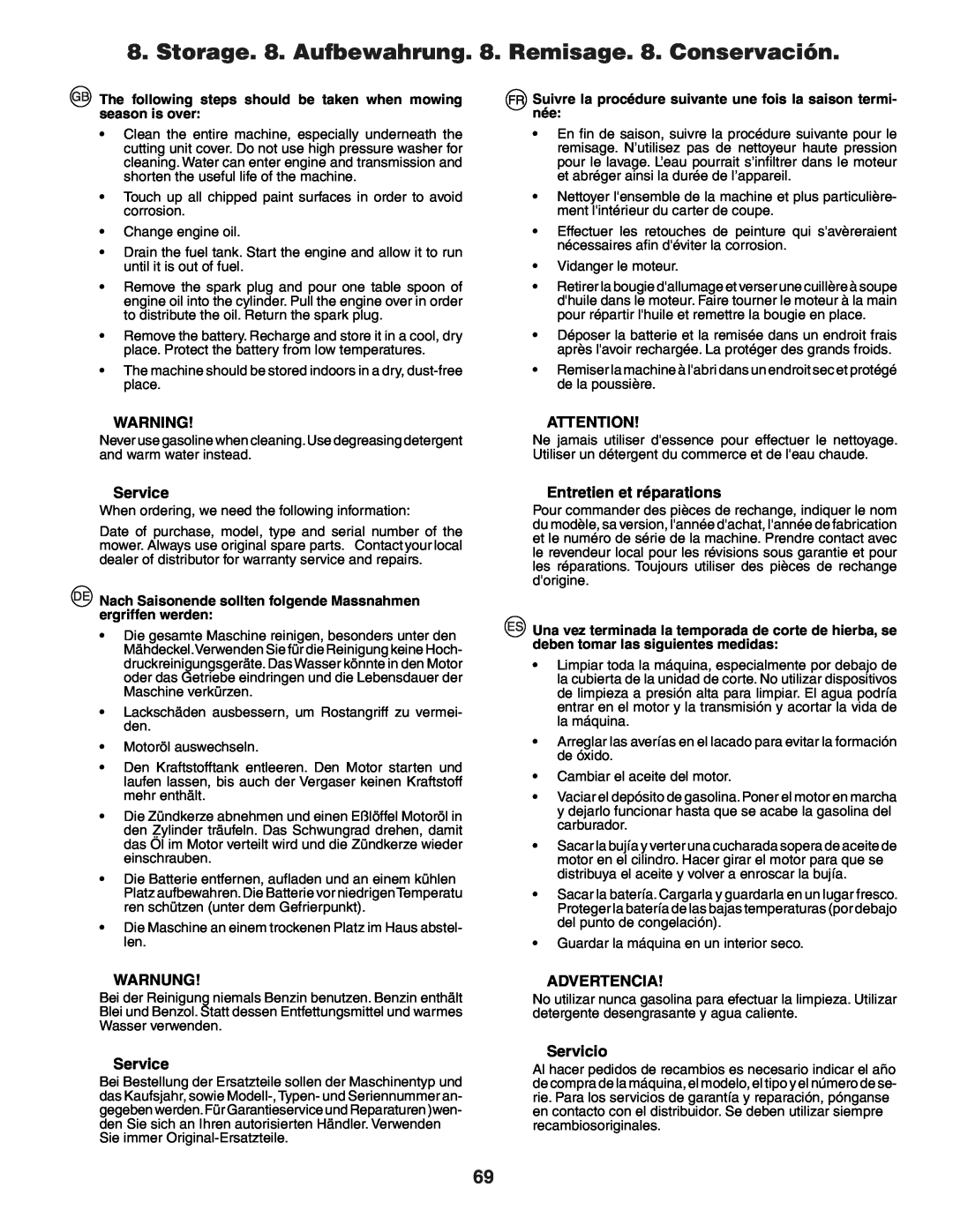 Husqvarna YTH150XP instruction manual Service, Warnung, Entretien et réparations, Advertencia, Servicio 