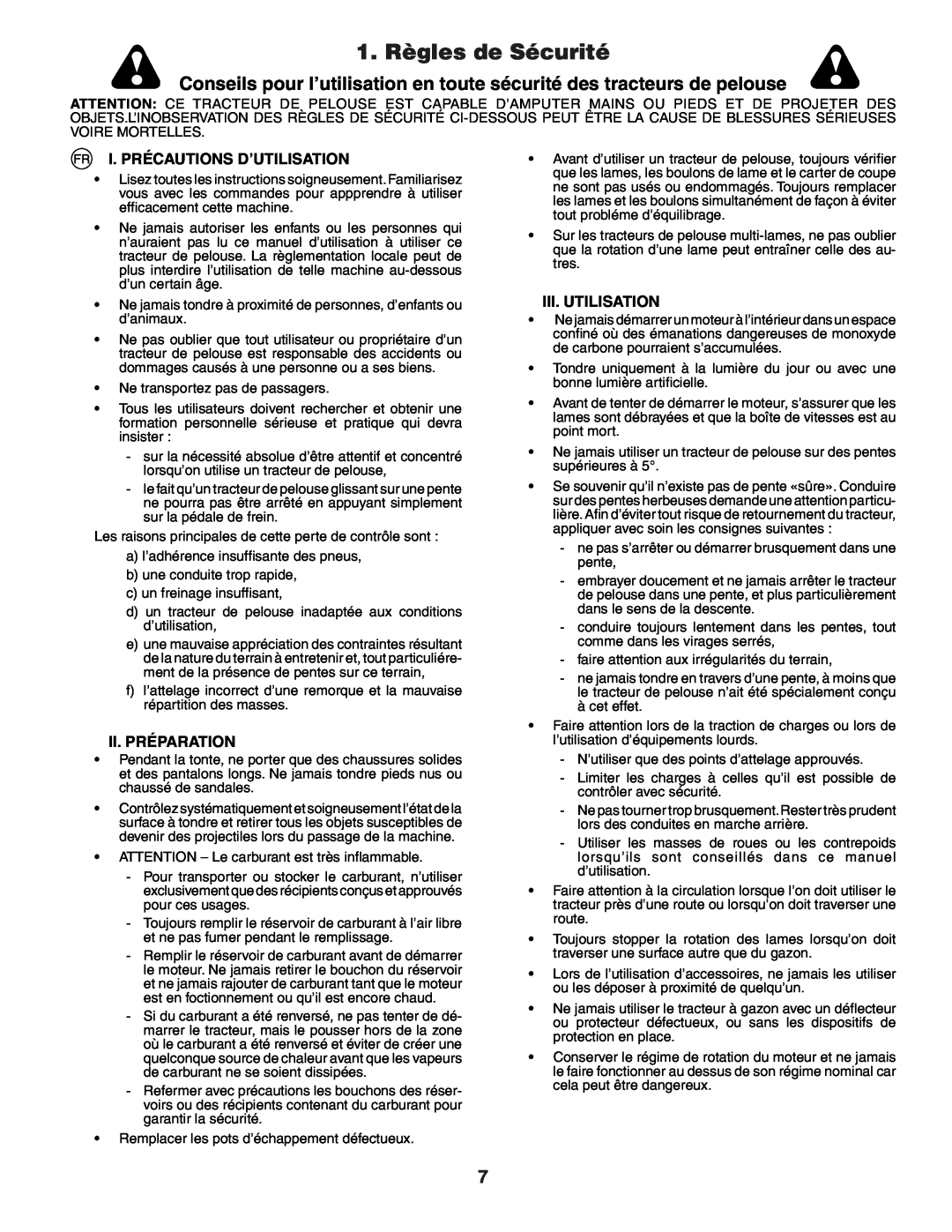 Husqvarna YTH150XP instruction manual 1. Règles de Sécurité, I. Précautions D’Utilisation, Ii.Préparation, Iii.Utilisation 