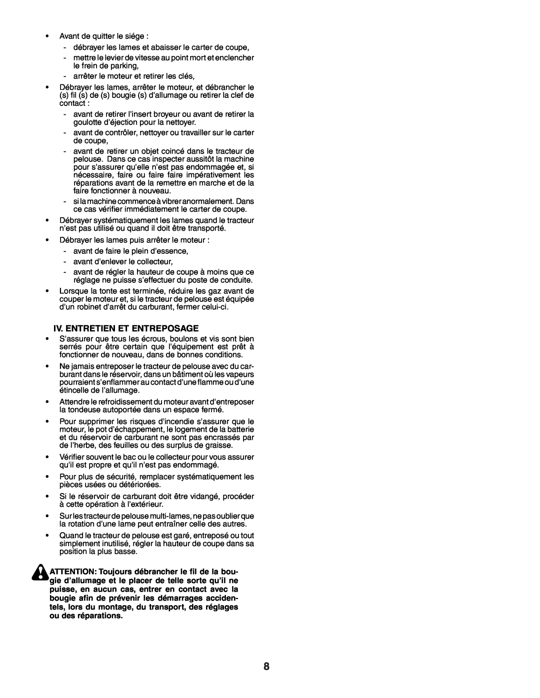 Husqvarna YTH150XP instruction manual Iv. Entretien Et Entreposage 