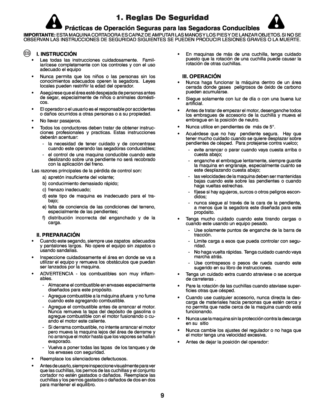 Husqvarna YTH150XP instruction manual Reglas De Seguridad, I. Instrucción, Ii.Preparación, Iii. Operación 