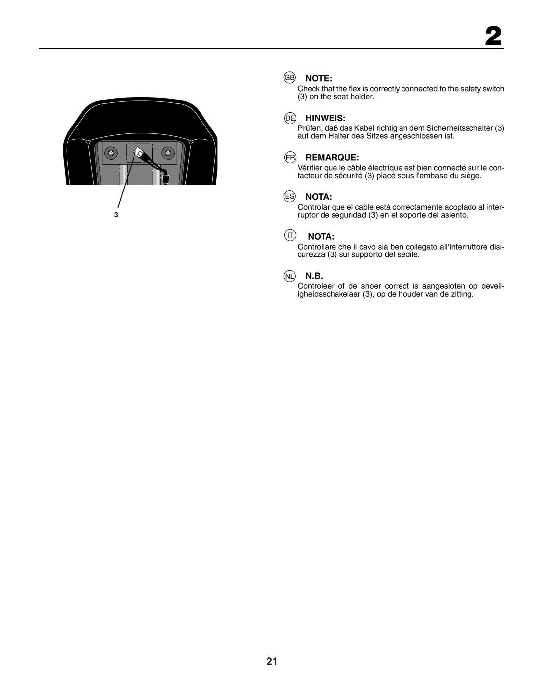 Husqvarna YTH151 instruction manual Hinweis, Remarque, Nota, Tacteur de sécurité 3 placé sous lembase du siège 