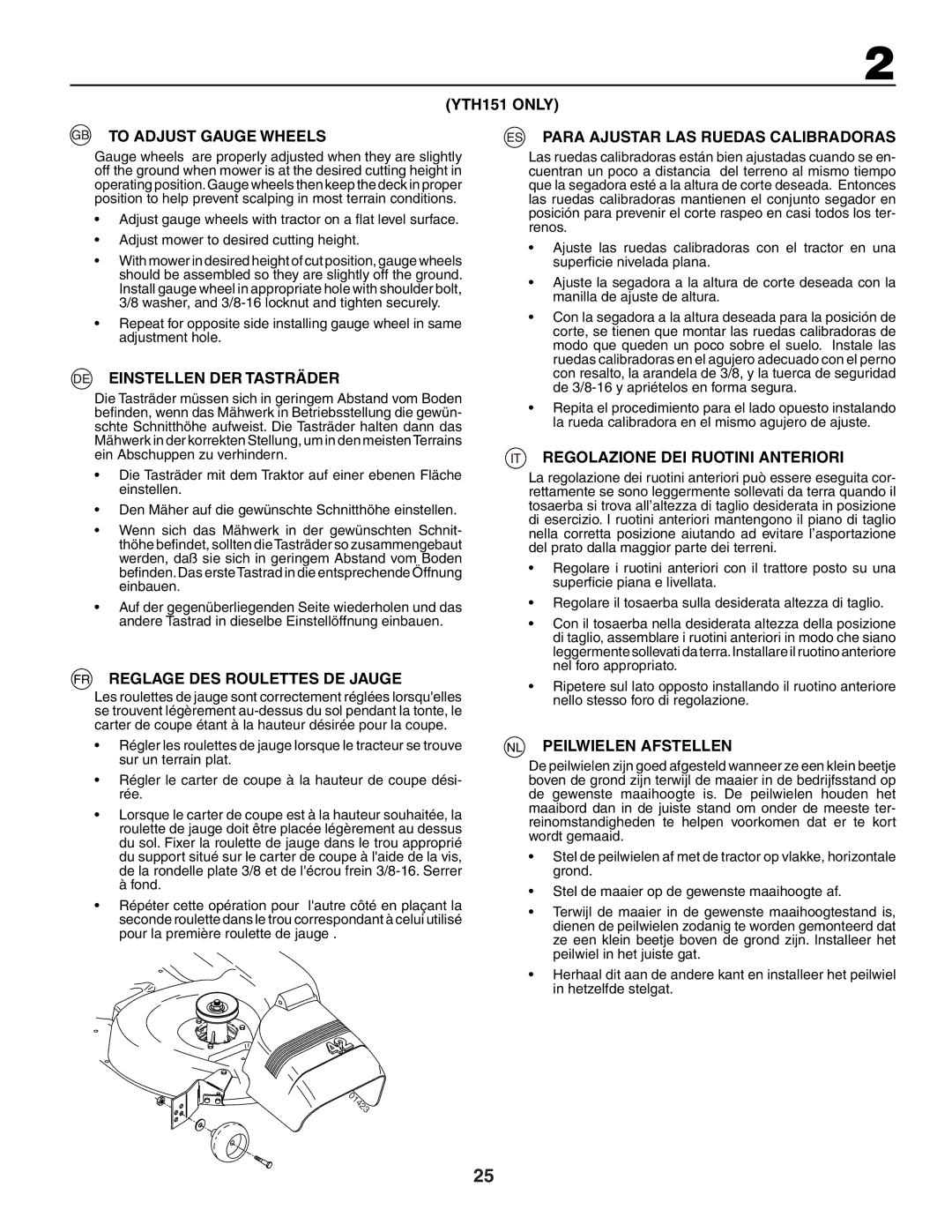 Husqvarna YTH151 only To Adjust Gauge Wheels, Para Ajustar LAS Ruedas Calibradoras, Einstellen DER Tasträder 