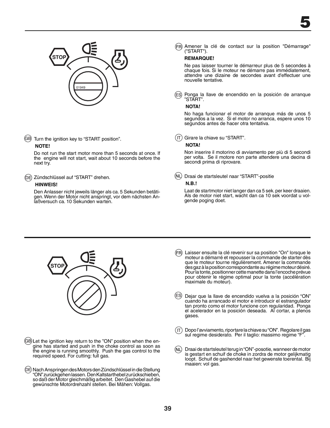 Husqvarna YTH151 instruction manual Amener la clé de contact sur la position Démarrage Start 