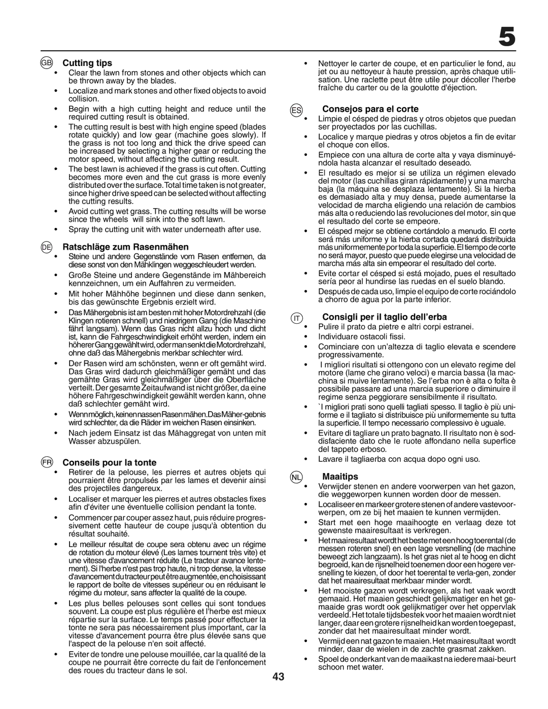 Husqvarna YTH151 Cutting tips, Ratschläge zum Rasenmähen, Conseils pour la tonte, Consejos para el corte, Maaitips 