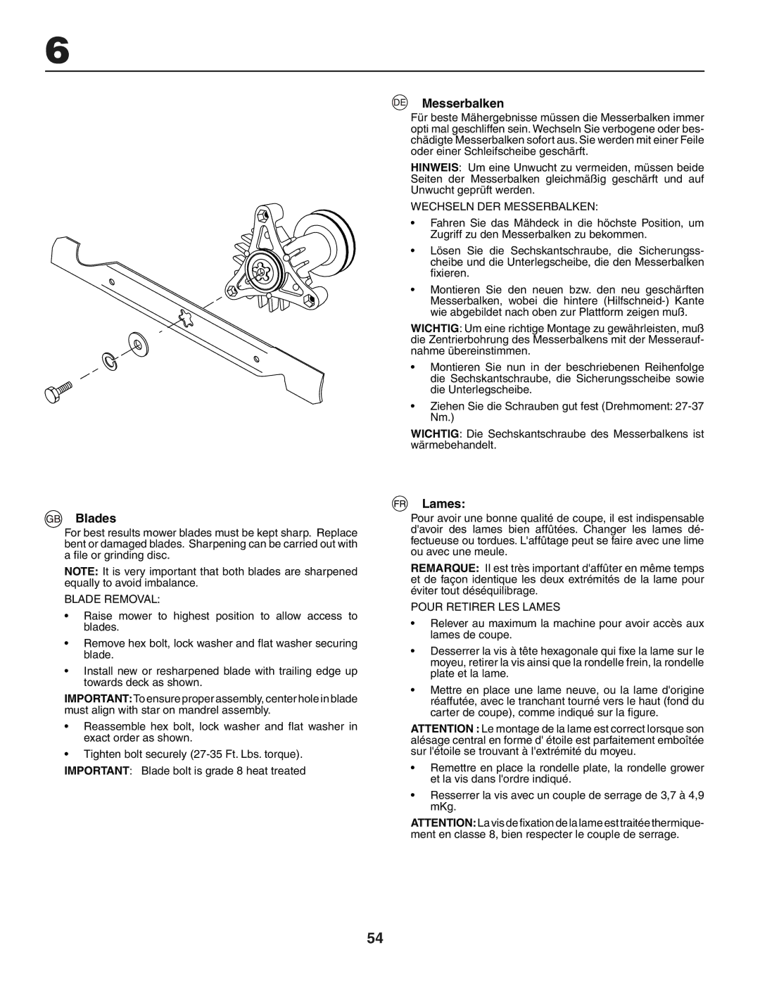 Husqvarna YTH151 instruction manual Blades, Messerbalken, Lames 