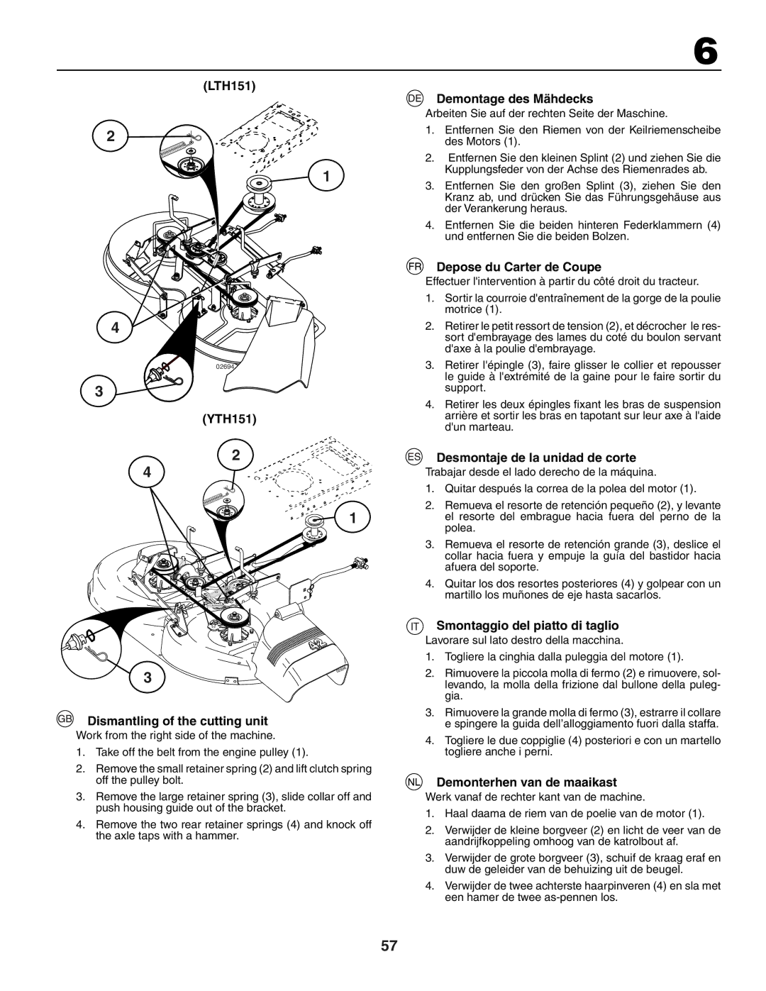 Husqvarna LTH151, YTH151 Dismantling of the cutting unit, Demontage des Mähdecks, Depose du Carter de Coupe 