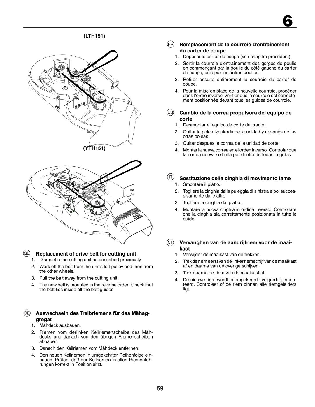 Husqvarna YTH151 Replacement of drive belt for cutting unit, Auswechsein des Treibriemens für das Mähag- gregat 