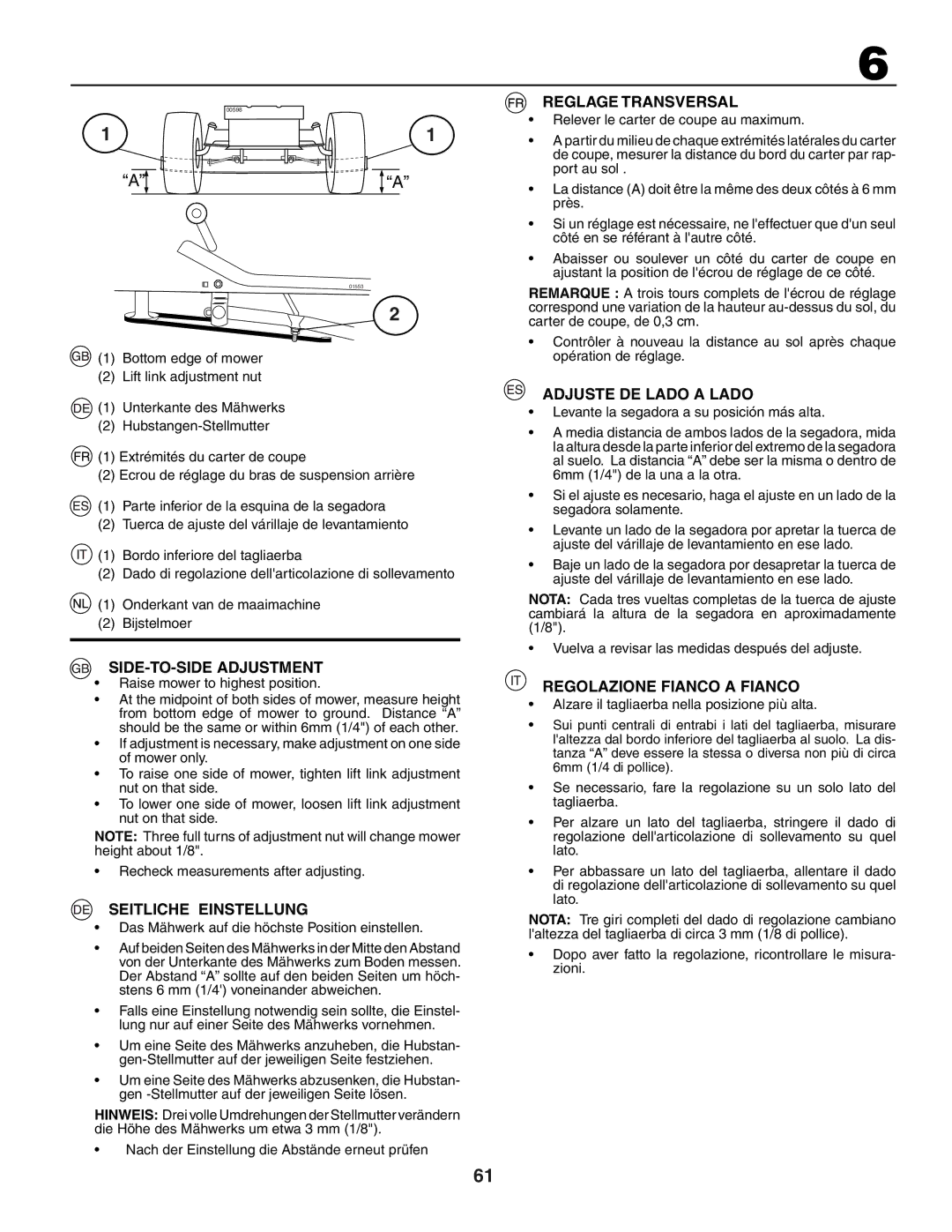 Husqvarna YTH151 SIDE-TO-SIDE Adjustment, Seitliche Einstellung, Reglage Transversal, Adjuste DE Lado a Lado 