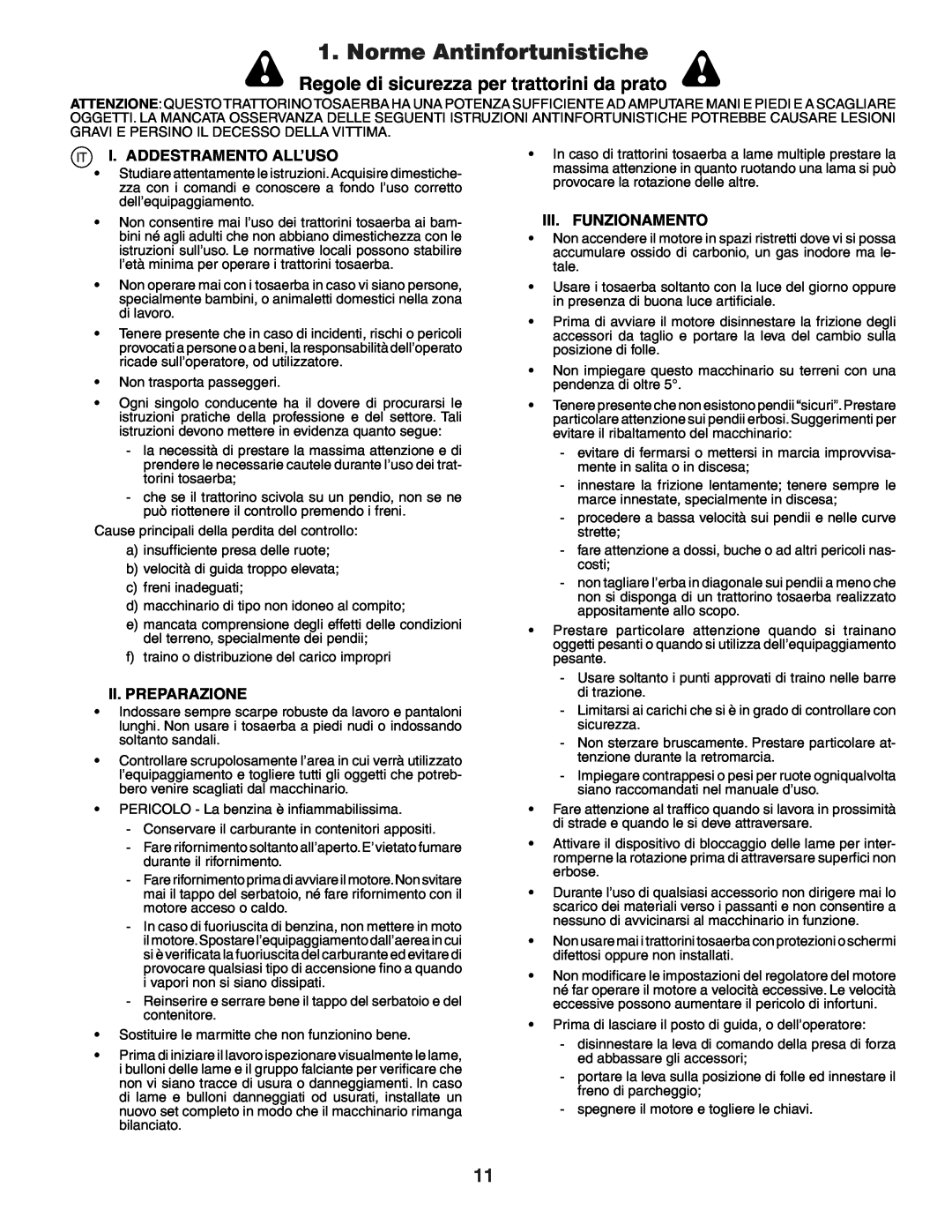 Husqvarna YTH151 Norme Antinfortunistiche, Regole di sicurezza per trattorini da prato, I. Addestramento All’Uso 