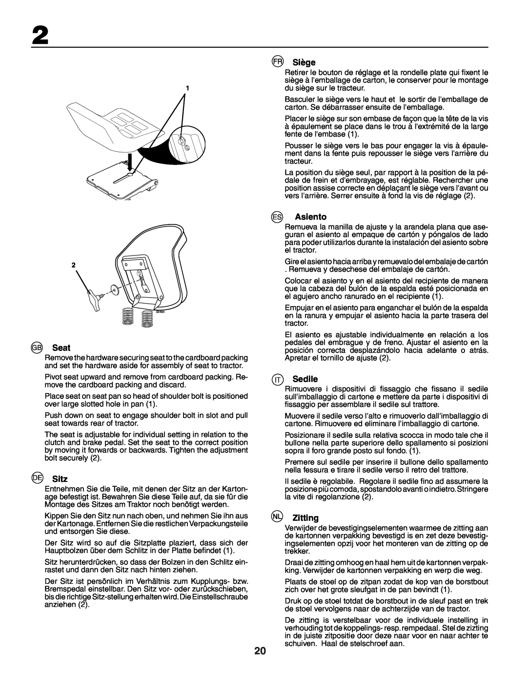 Husqvarna YTH151 instruction manual Seat, Sitz, Siège, Asiento, Sedile, Zitting 
