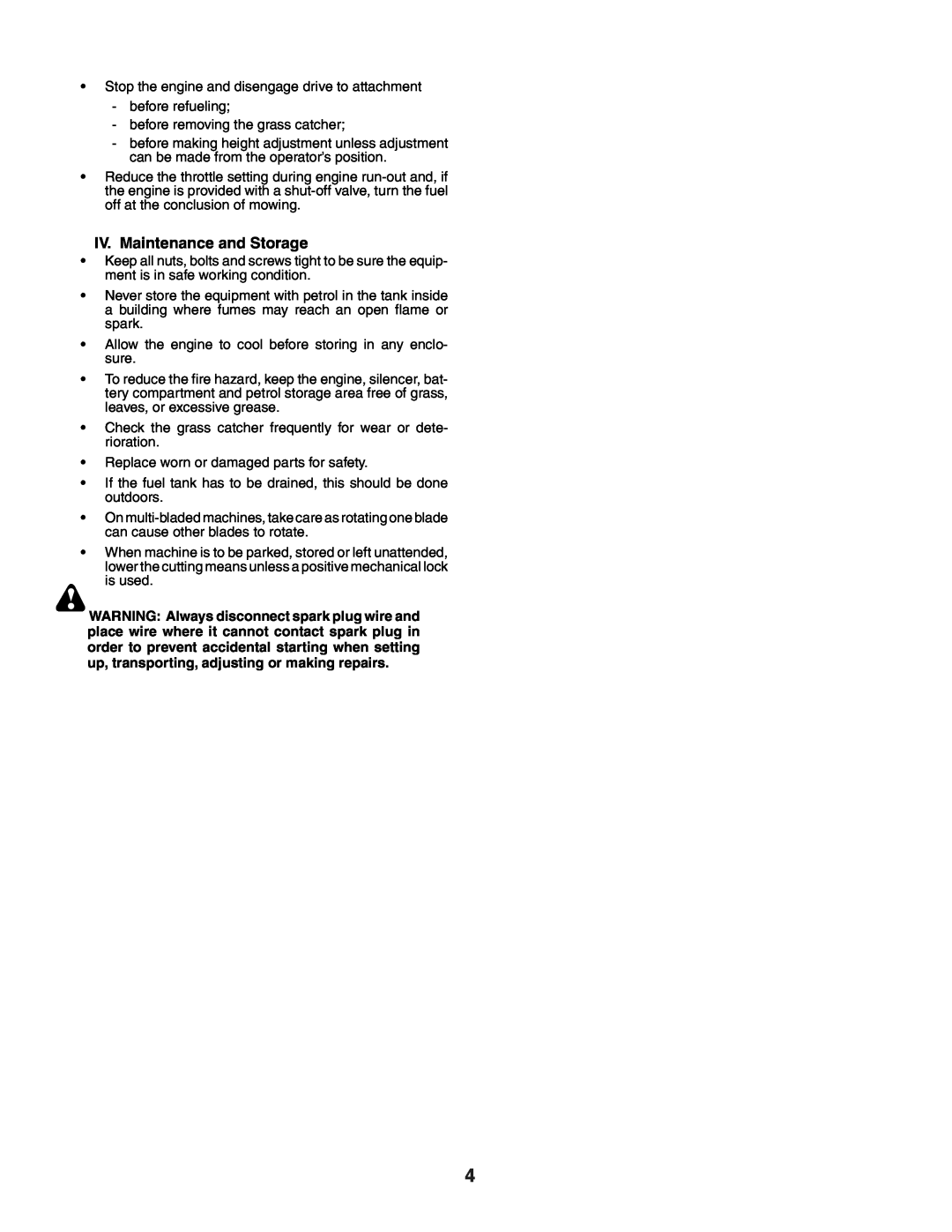 Husqvarna YTH151 instruction manual IV. Maintenance and Storage 