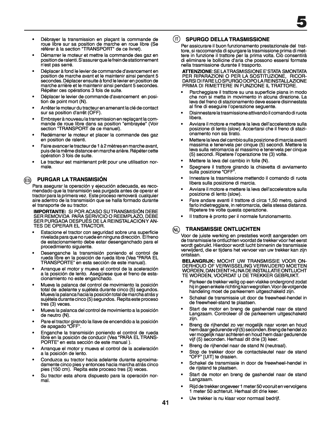 Husqvarna YTH151 instruction manual Purgar La Transmisión, Spurgo Della Trasmissione, Transmissie Ontluchten 