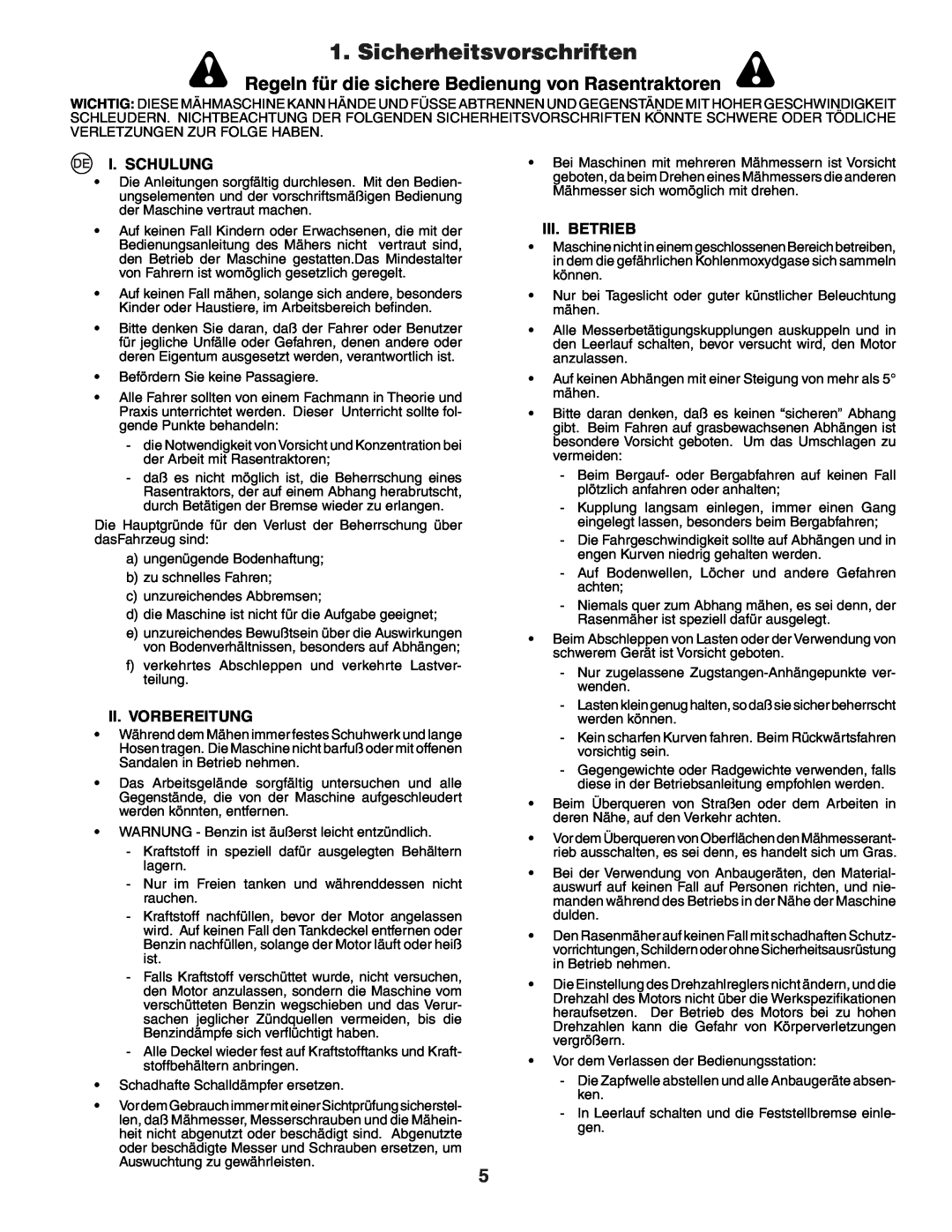 Husqvarna YTH151 Sicherheitsvorschriften, Regeln für die sichere Bedienung von Rasentraktoren, I. Schulung, Iii. Betrieb 