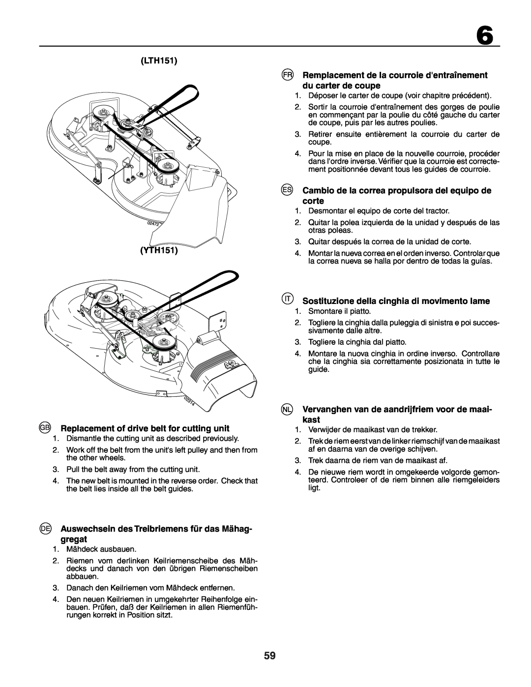 Husqvarna YTH151 LTH151, Replacement of drive belt for cutting unit, Auswechsein des Treibriemens für das Mähag- gregat 