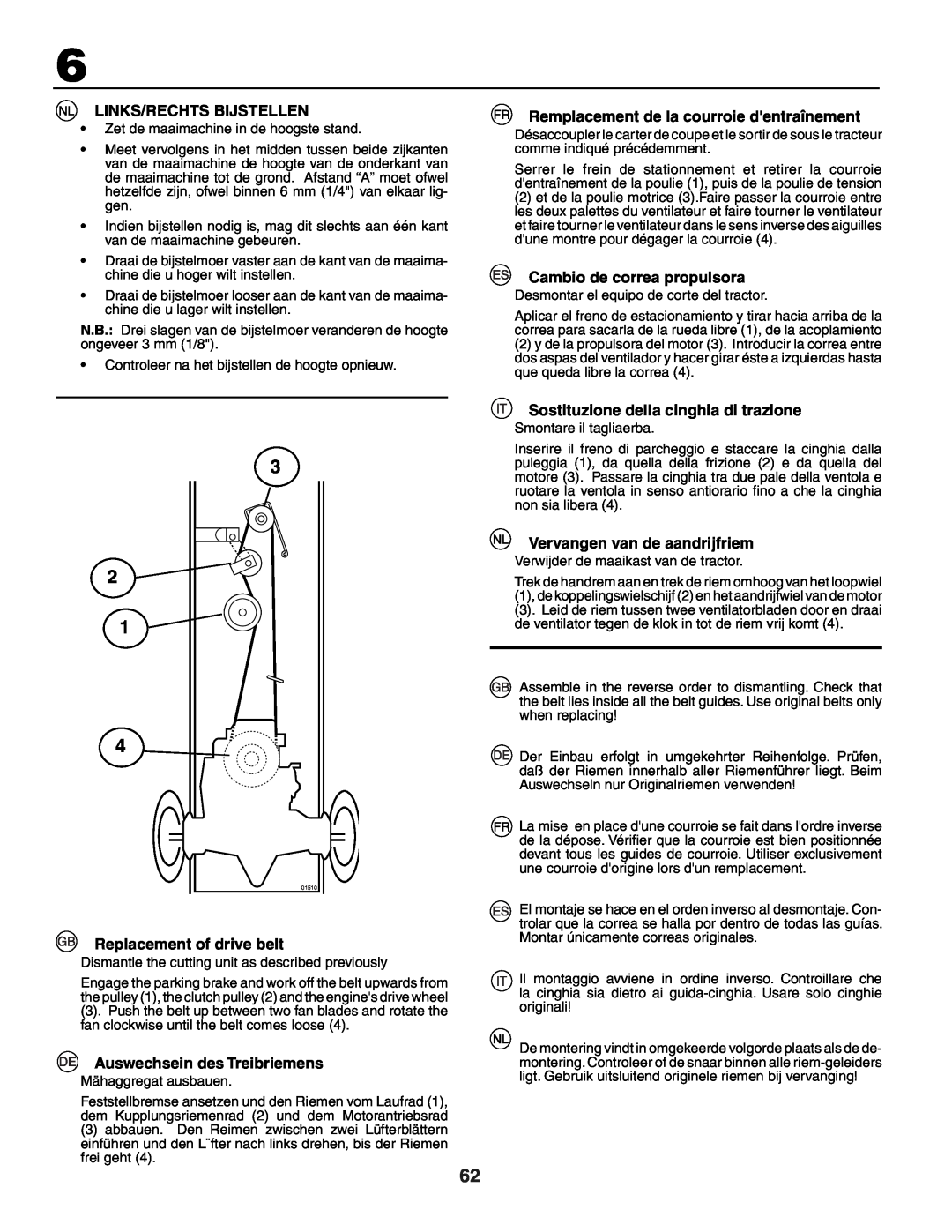 Husqvarna YTH151 instruction manual Links/Rechts Bijstellen, Replacement of drive belt, Auswechsein des Treibriemens 